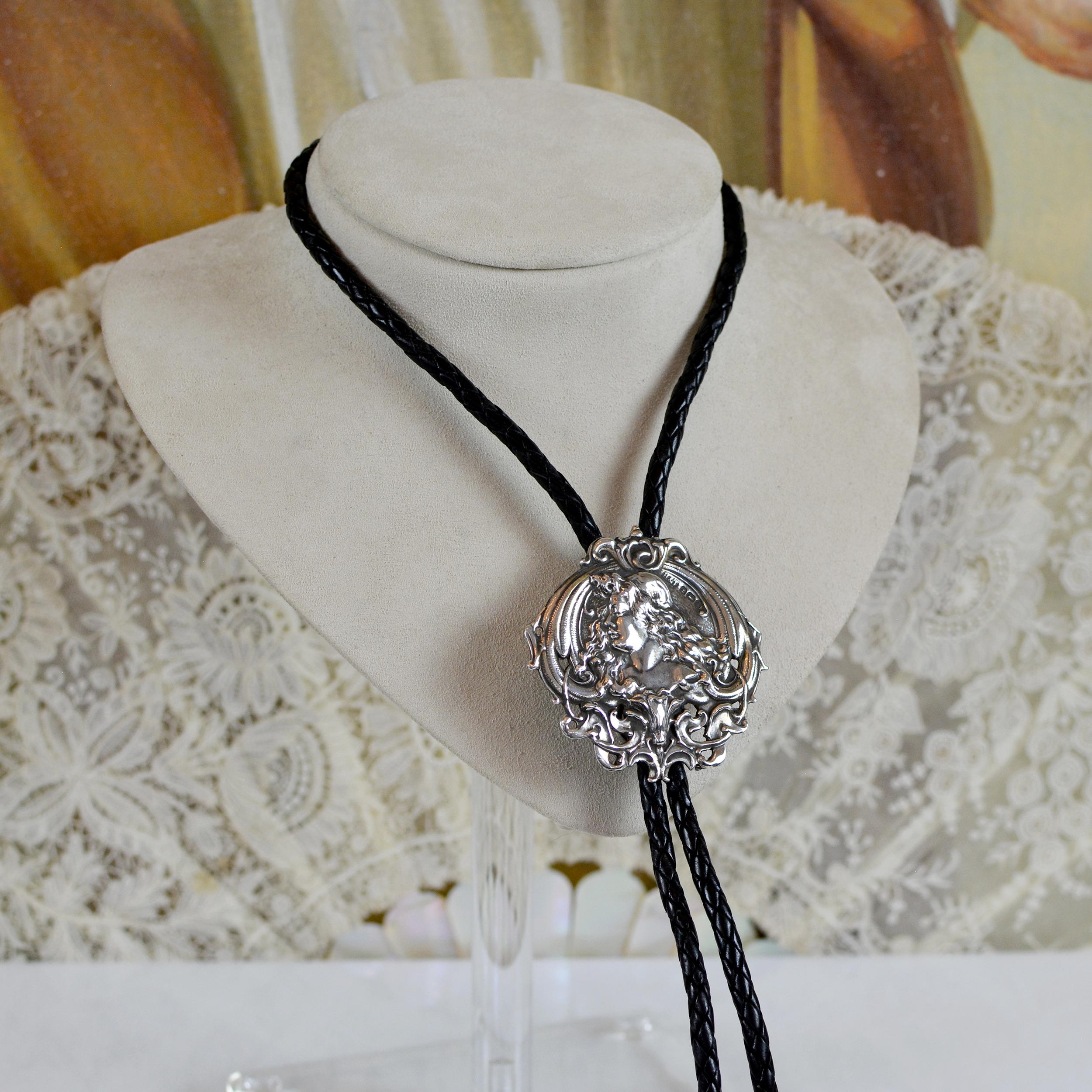 Jill Garber Art Nouveau Figural Art Nouveau Goddess Sterling Silver Bolo Tie For Sale 1