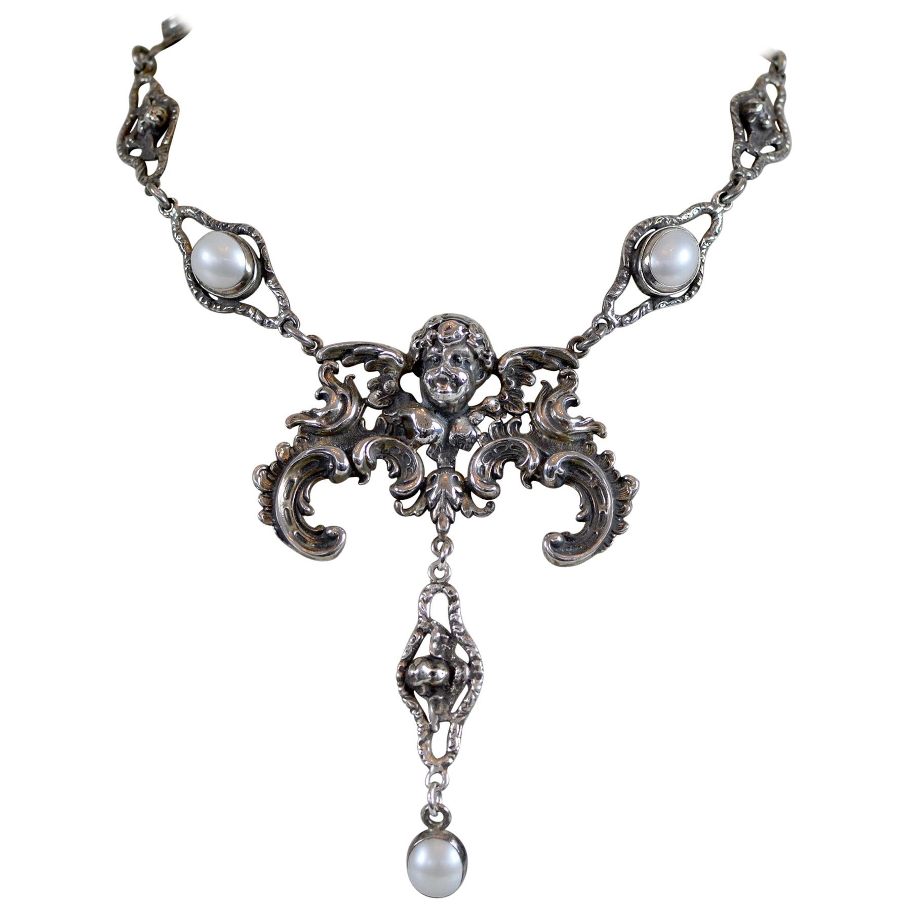 Jill Garber Baroque Angel Lavalier Drop Necklace in Silver with Freshwater Pearl