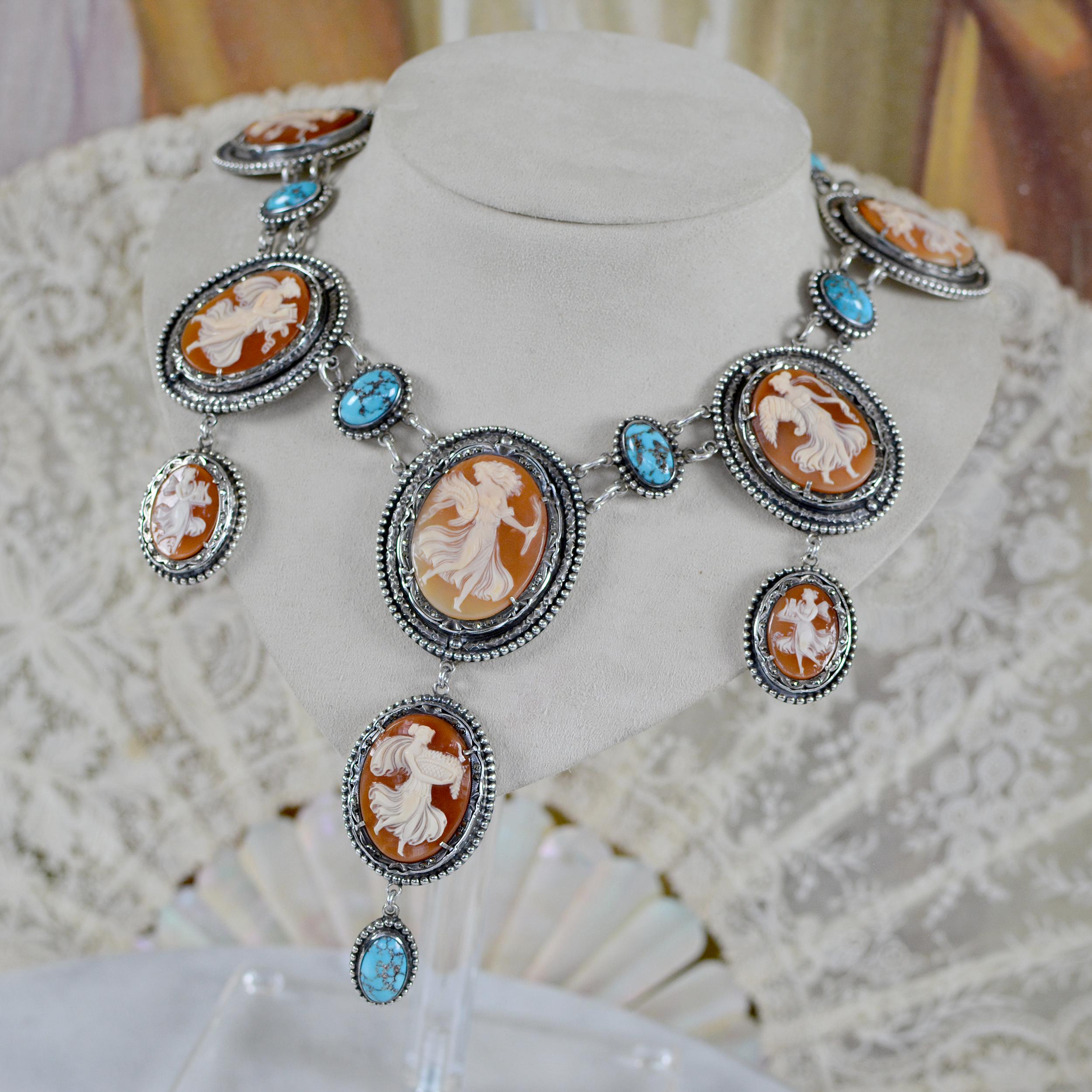 Baroque Jill Garber 19th. C. Terpsichore Cameo Suite Necklace with Persian Turquoise  For Sale