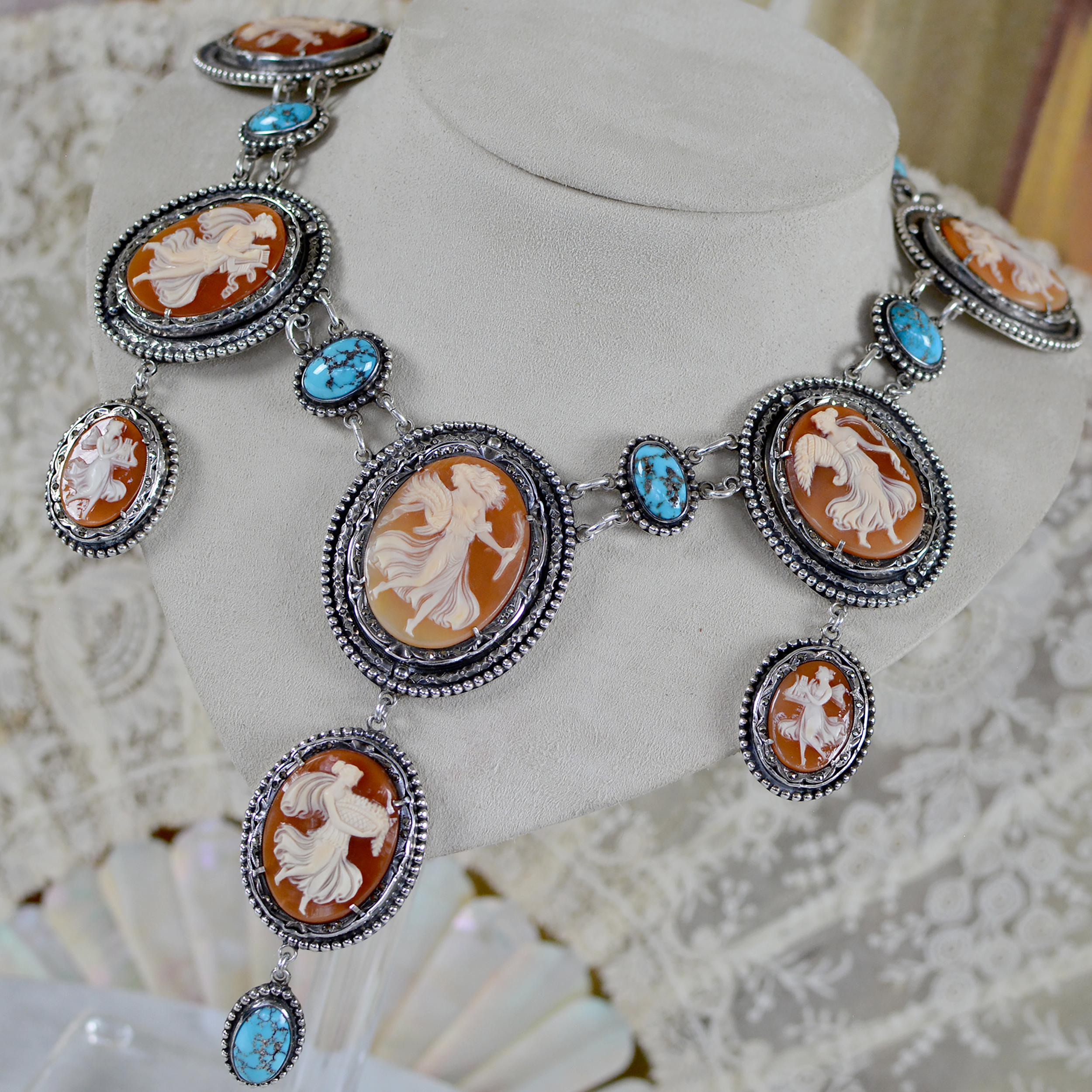 Oval Cut Jill Garber 19th. C. Terpsichore Cameo Suite Necklace with Persian Turquoise  For Sale