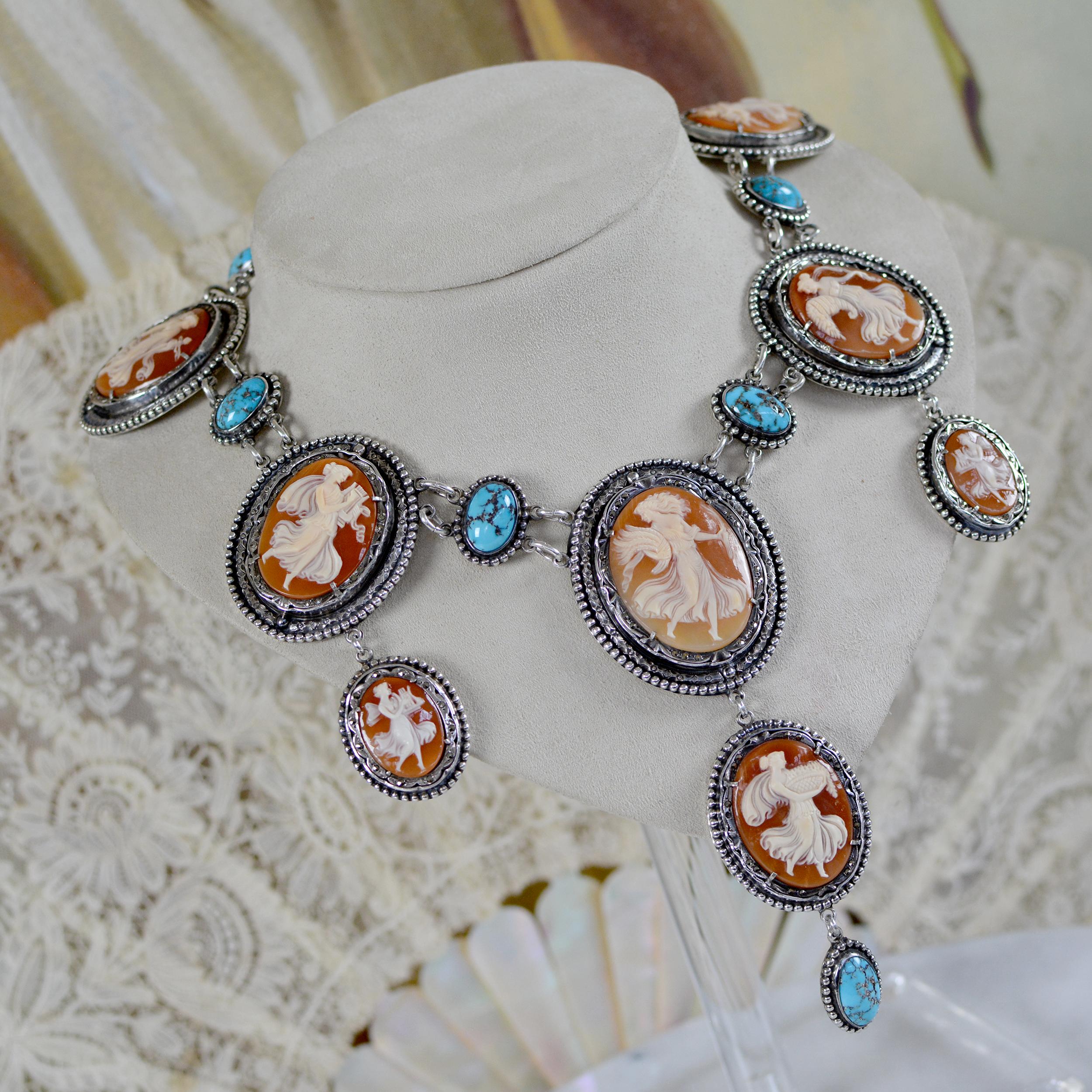 Jill Garber 19th. C. Terpsichore Cameo Suite Necklace with Persian Turquoise  In Excellent Condition For Sale In Saginaw, MI