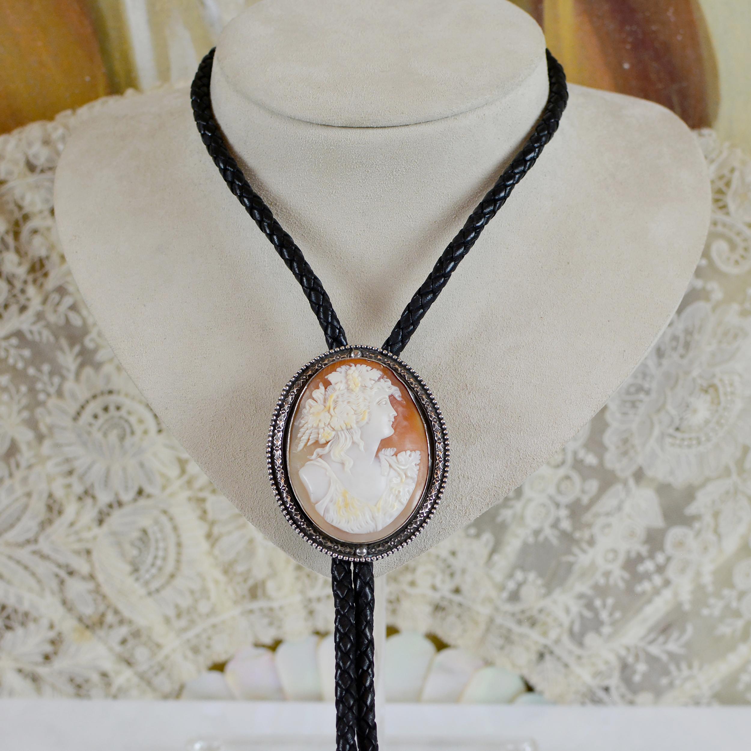 Jill Garber Baroque 19th Century Goddess Cameo Sterling Silver Bolo Tie Necklace For Sale 3