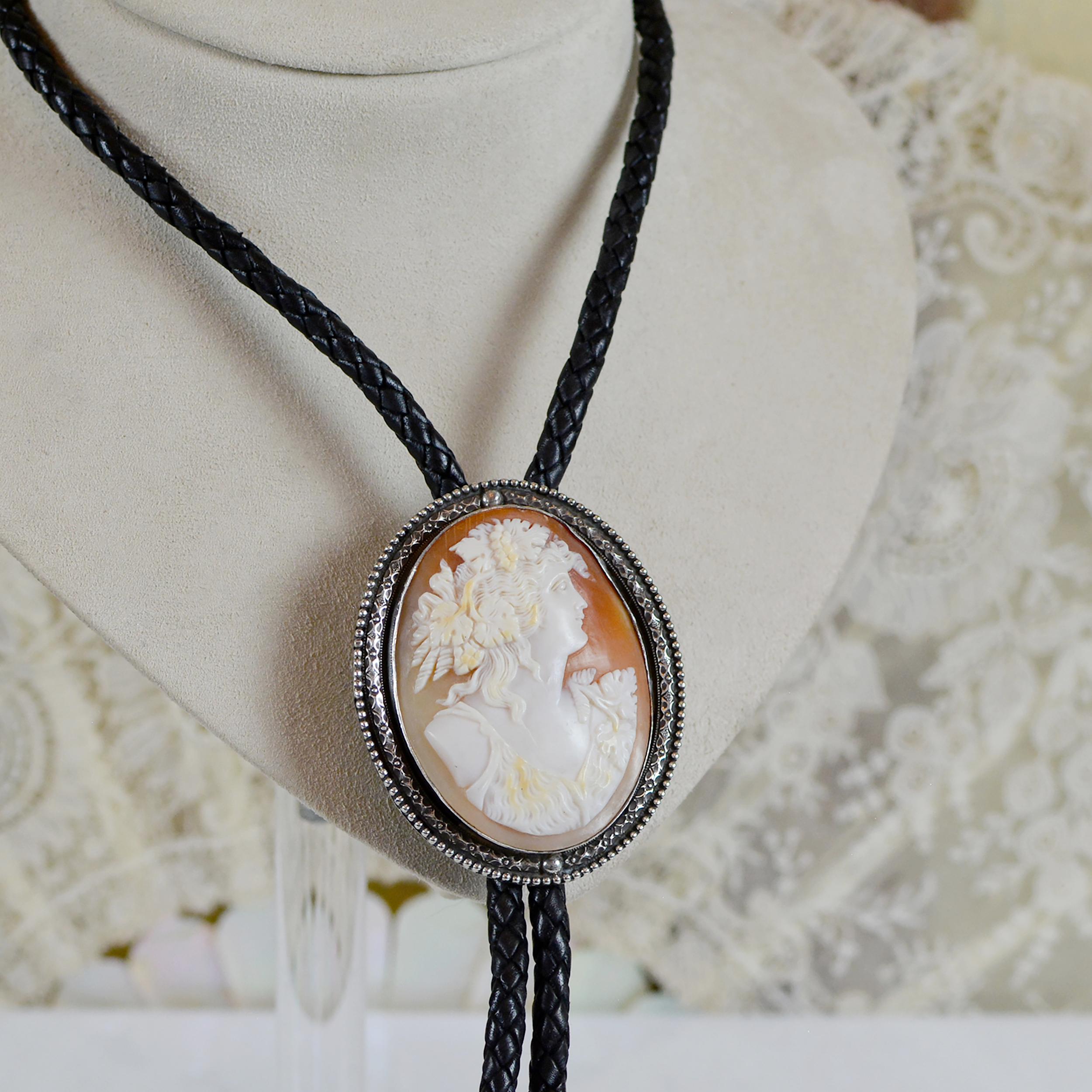 Oval Cut Jill Garber Baroque 19th Century Goddess Cameo Sterling Silver Bolo Tie Necklace For Sale