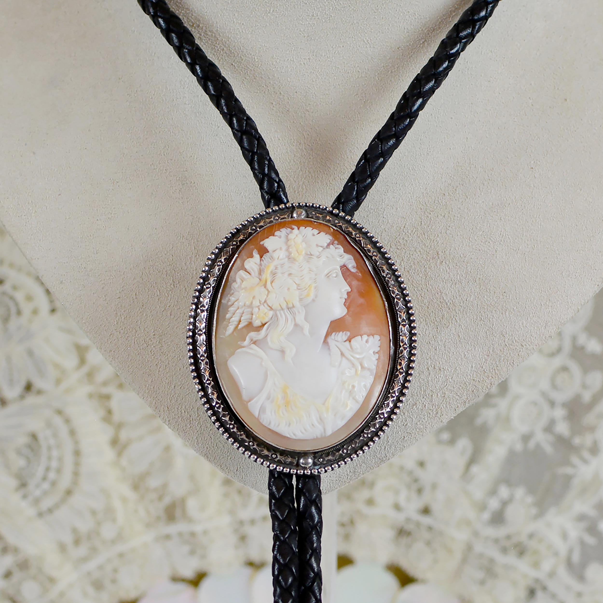 Women's or Men's Jill Garber Baroque 19th Century Goddess Cameo Sterling Silver Bolo Tie Necklace For Sale