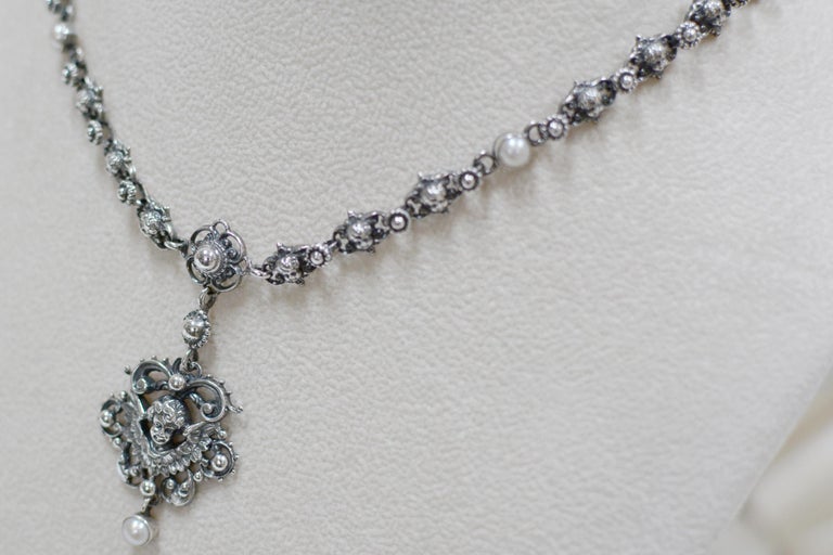 Jill Garber Baroque Figural Angel Drop Necklace in Sterling Silver with