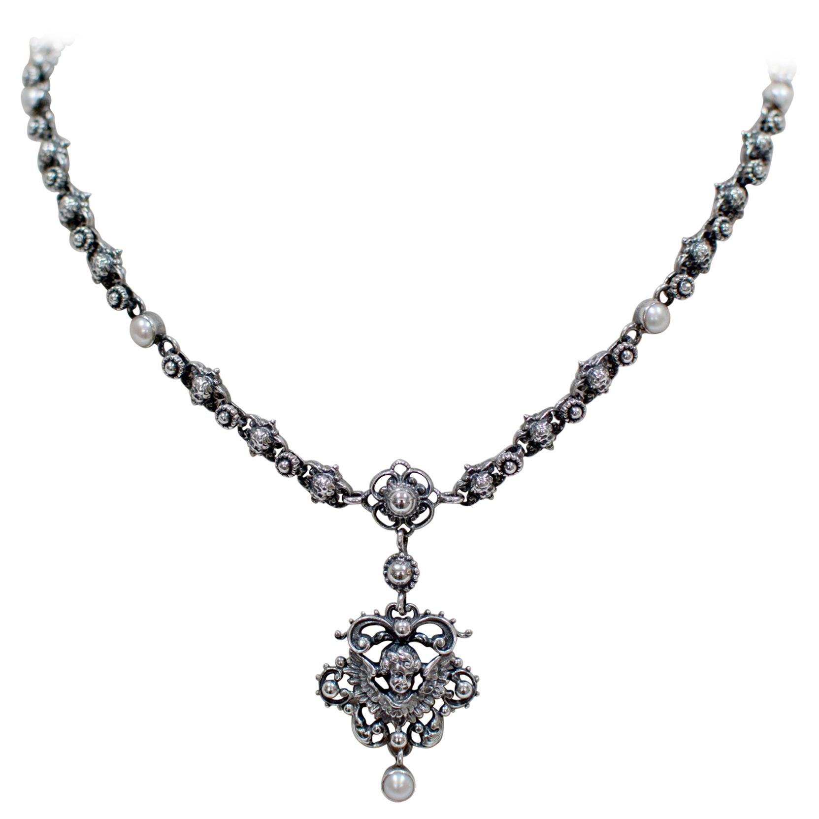 Jill Garber Baroque Figural Angel Drop Necklace in Sterling Silver with Pearls For Sale