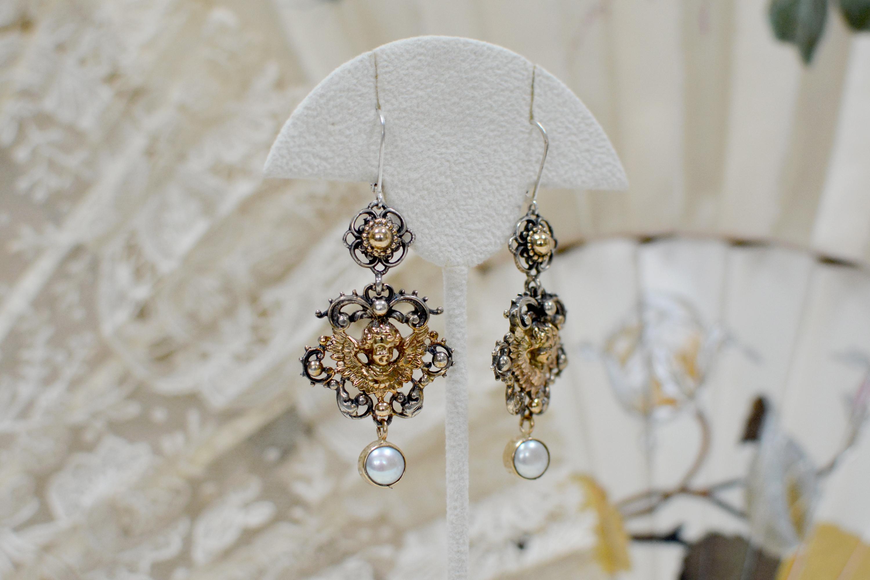 Baroque Jill Garber Gold Angel Drop Earrings with Freshwater Pearls For Sale