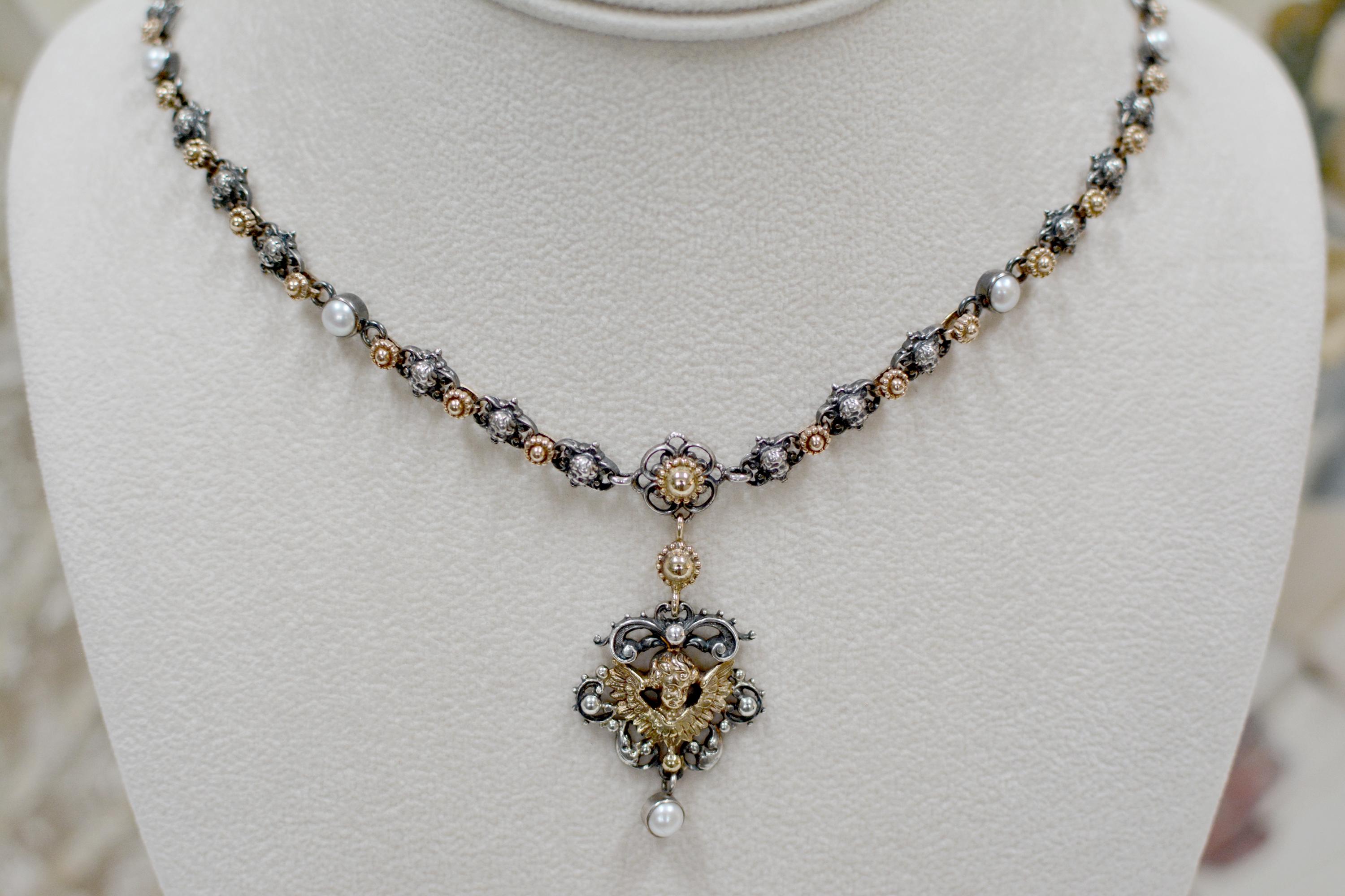 Baroque Jill Garber Gold, Silver and Pearl Angel Drop Necklace