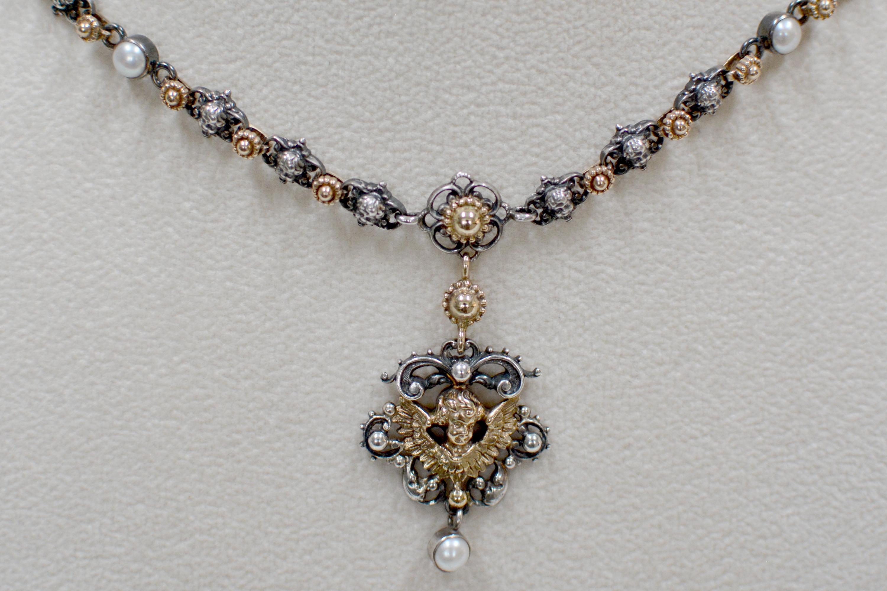 Round Cut Jill Garber Gold, Silver and Pearl Angel Drop Necklace