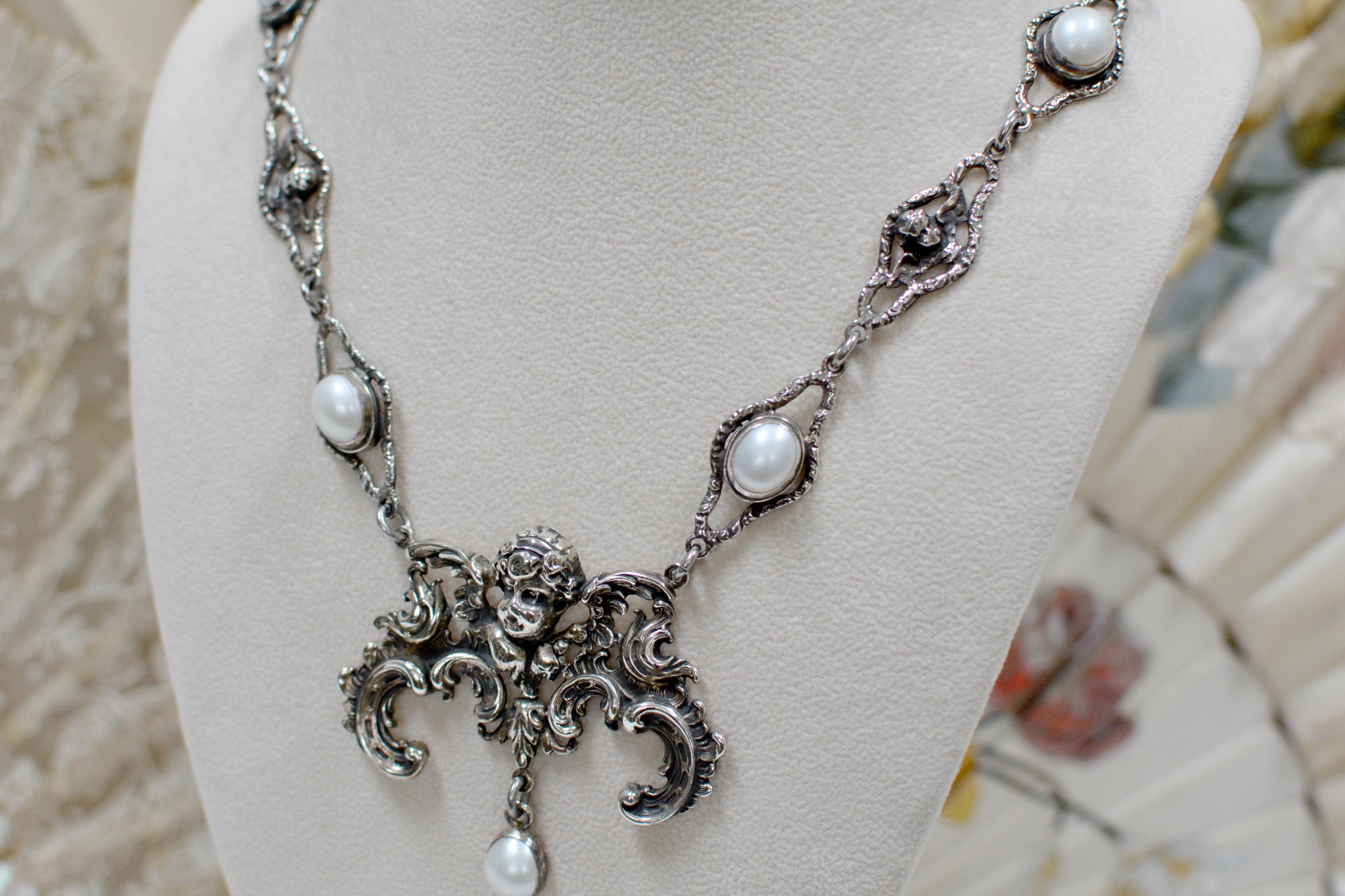 Women's or Men's Jill Garber Necklace with Baroque Angel and Freshwater Pearls