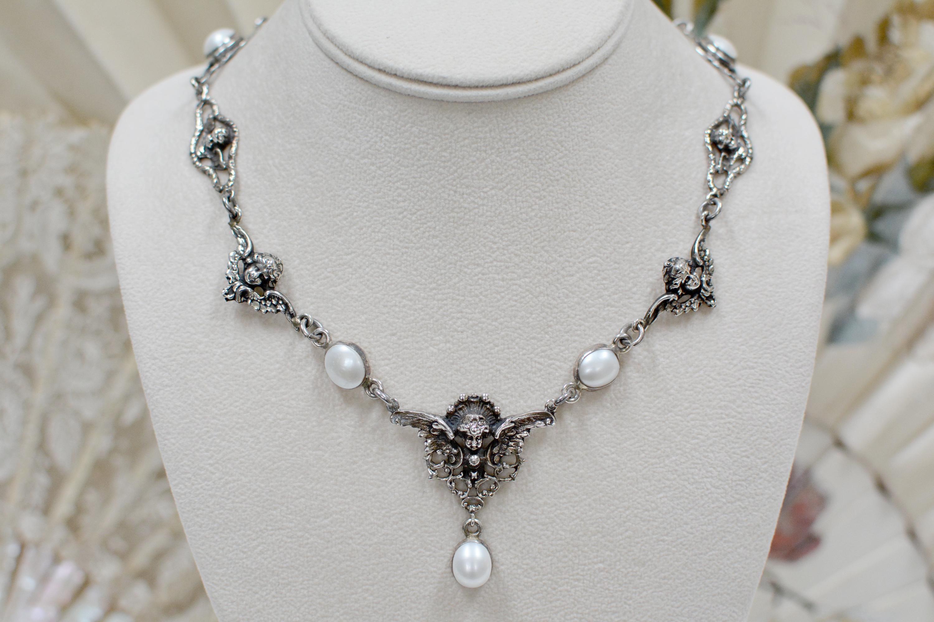 Baroque Jill Garber Collection Drop Necklace with Figural Angels and Freshwater Pearls