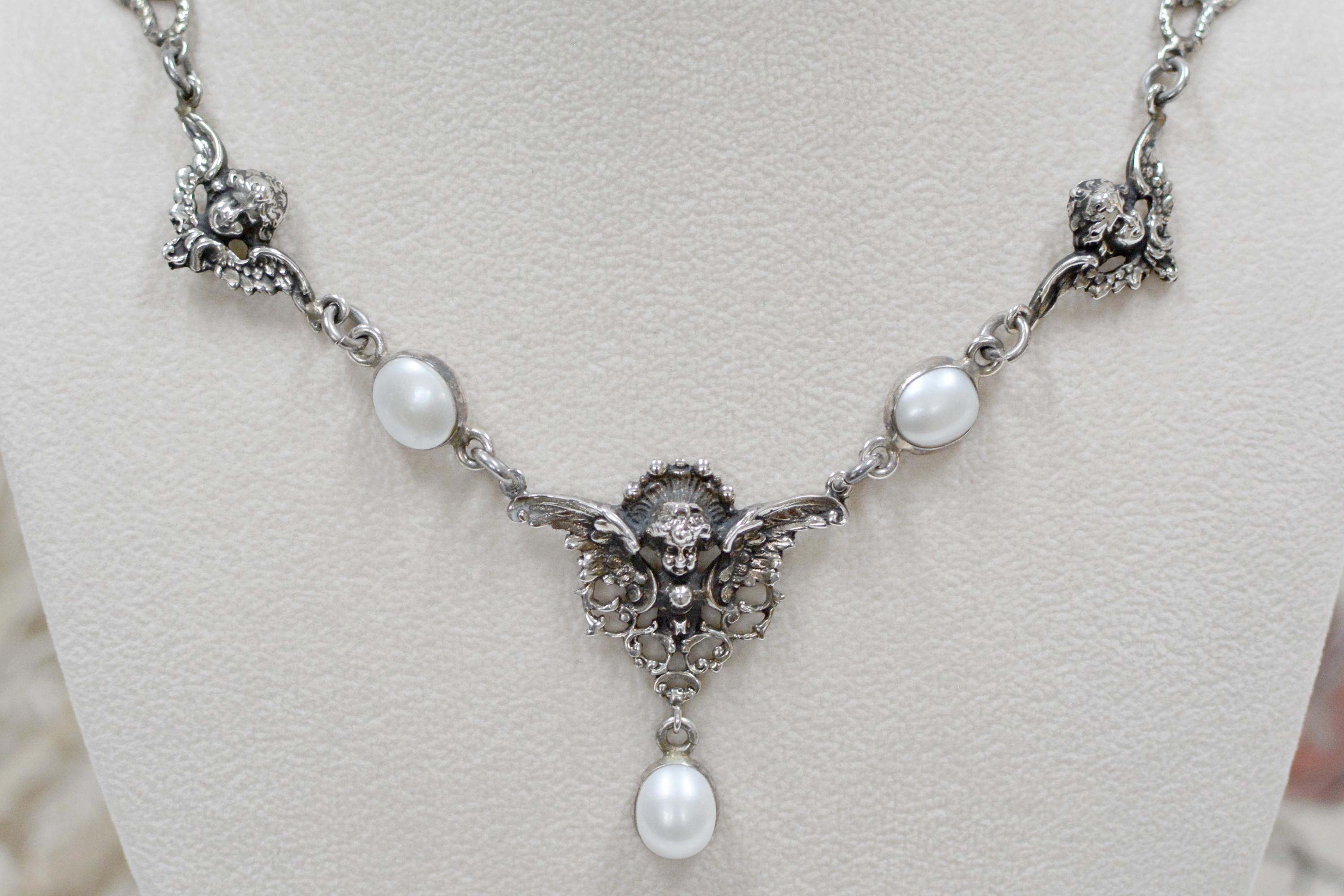 Oval Cut Jill Garber Collection Drop Necklace with Figural Angels and Freshwater Pearls