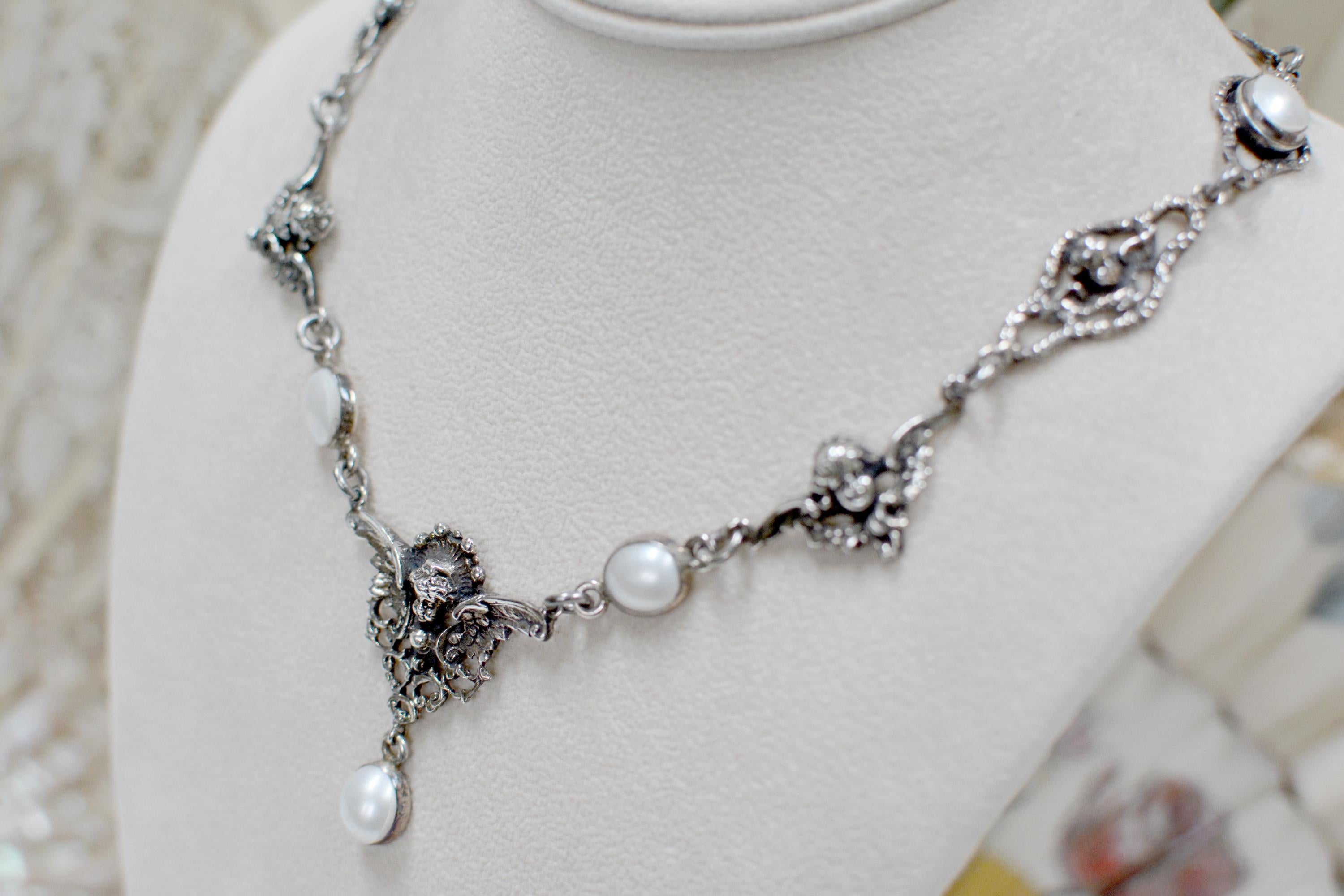 Jill Garber Collection Drop Necklace with Figural Angels and Freshwater Pearls In New Condition In Saginaw, MI