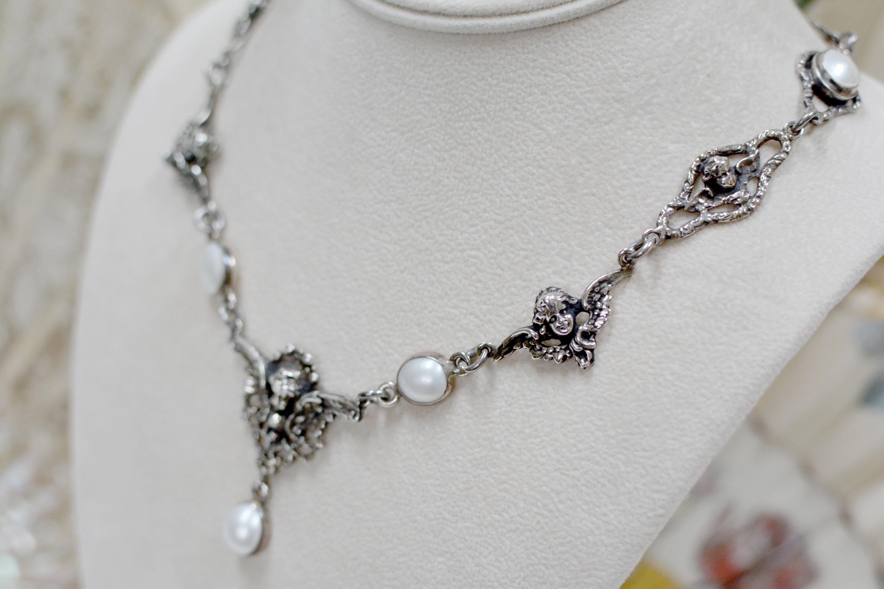 Women's or Men's Jill Garber Collection Drop Necklace with Figural Angels and Freshwater Pearls