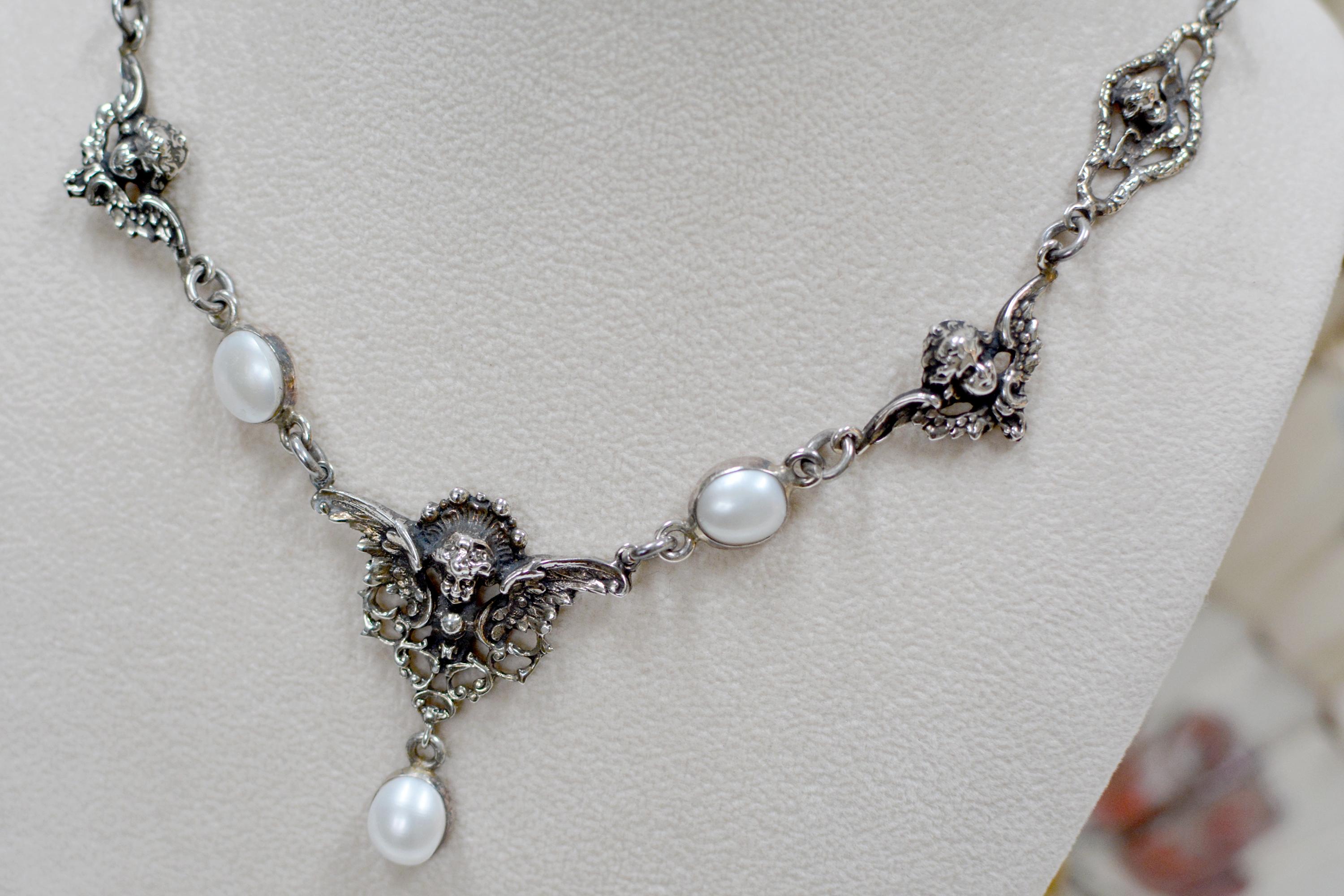 Jill Garber Collection Drop Necklace with Figural Angels and Freshwater Pearls 1
