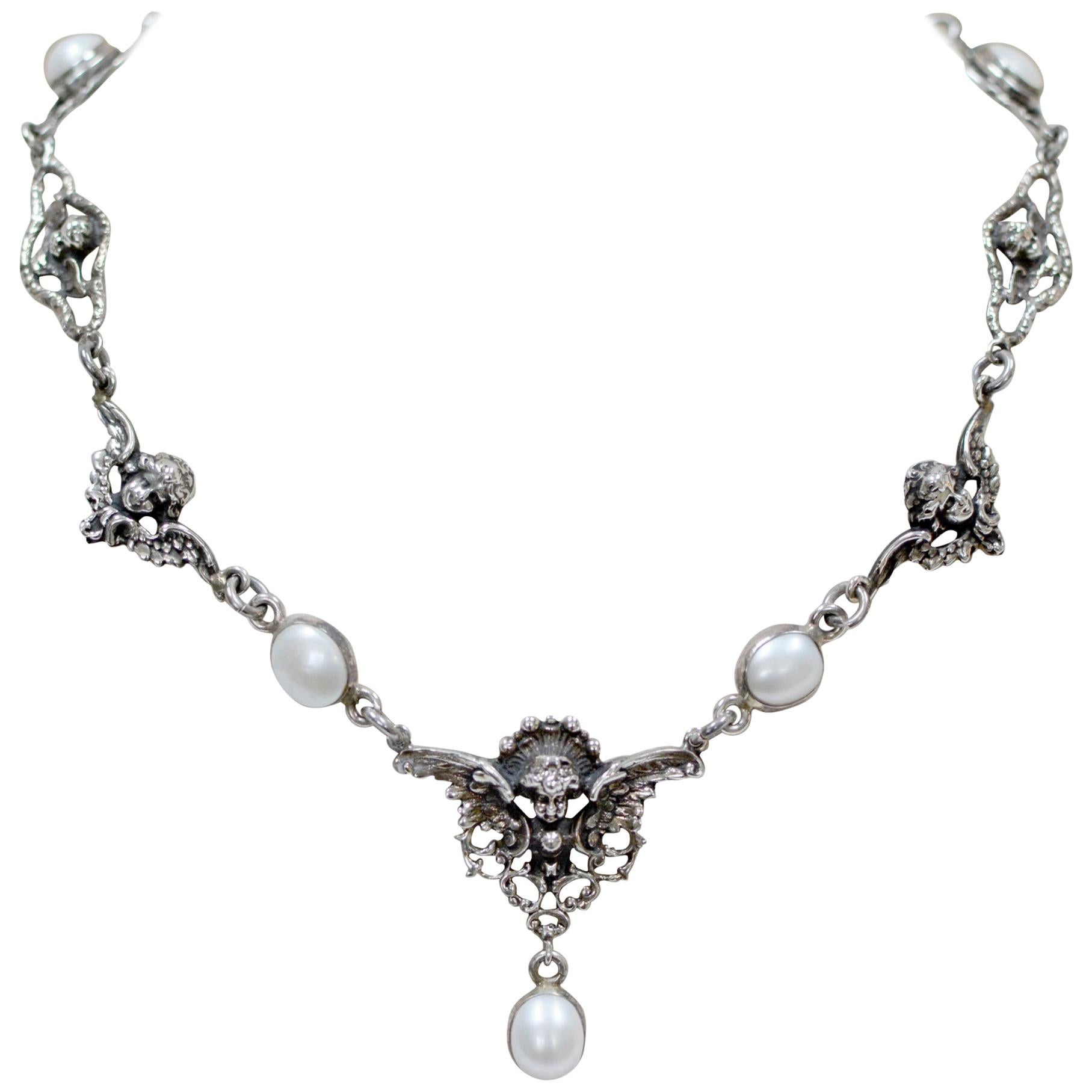Jill Garber Collection Drop Necklace with Figural Angels and Freshwater Pearls
