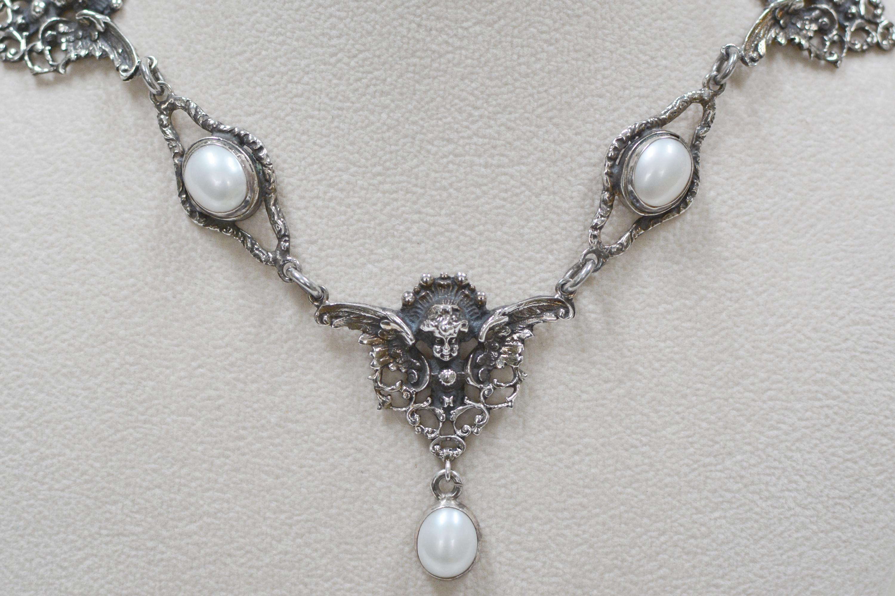 Baroque Jill Garber Collection Drop Necklace with Freshwater Pearls and Figural Angels