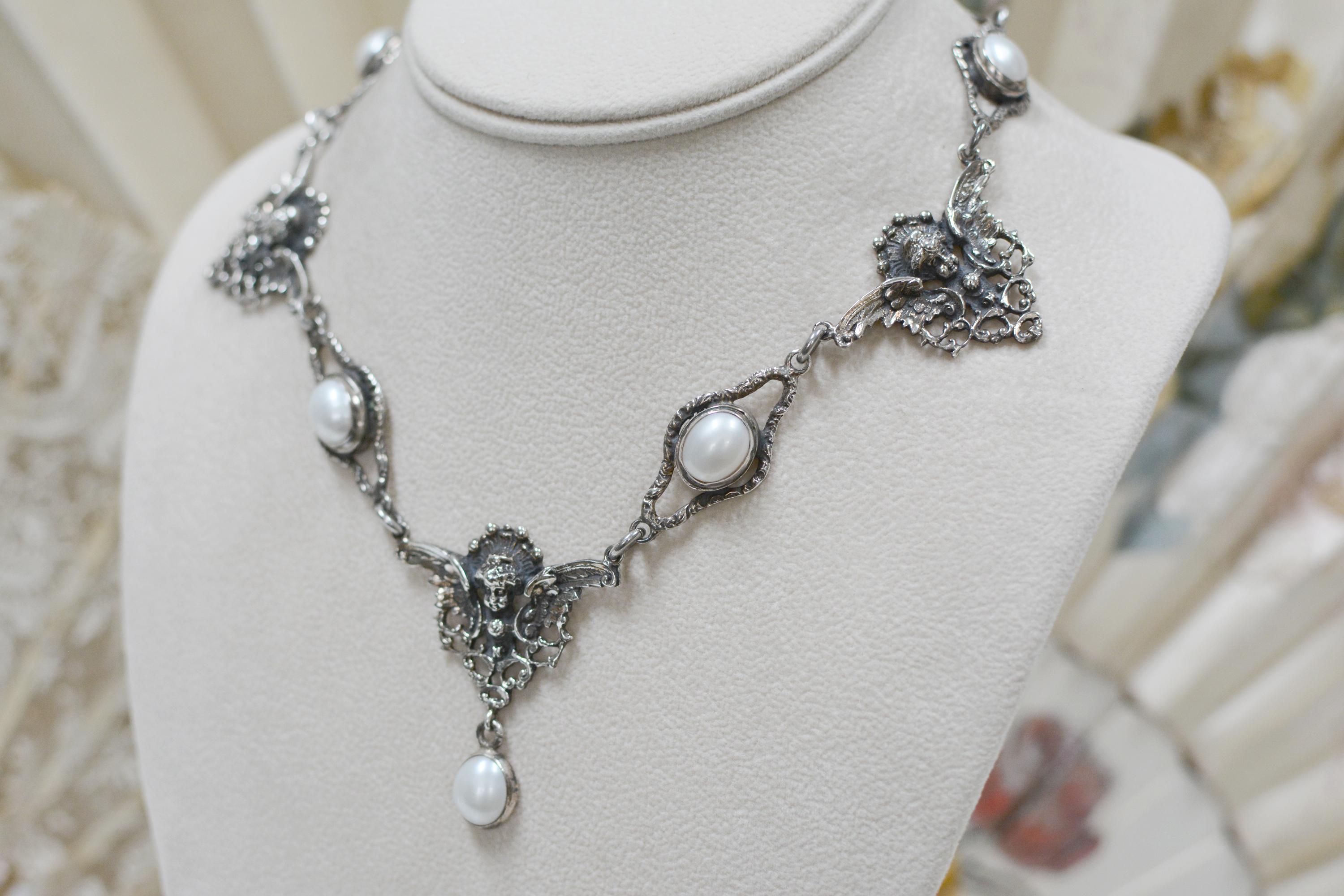 Oval Cut Jill Garber Collection Drop Necklace with Freshwater Pearls and Figural Angels
