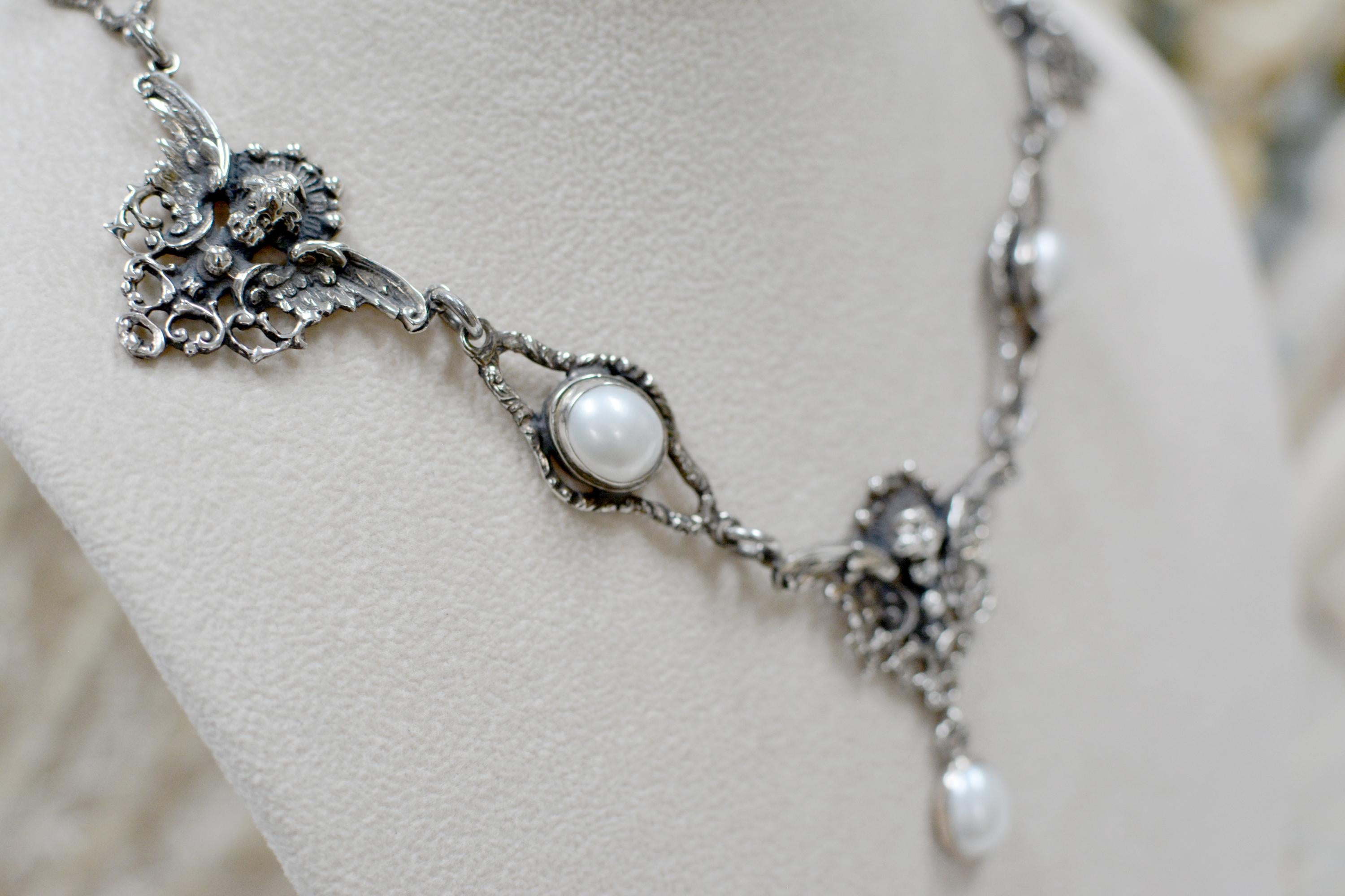 Women's or Men's Jill Garber Collection Drop Necklace with Freshwater Pearls and Figural Angels
