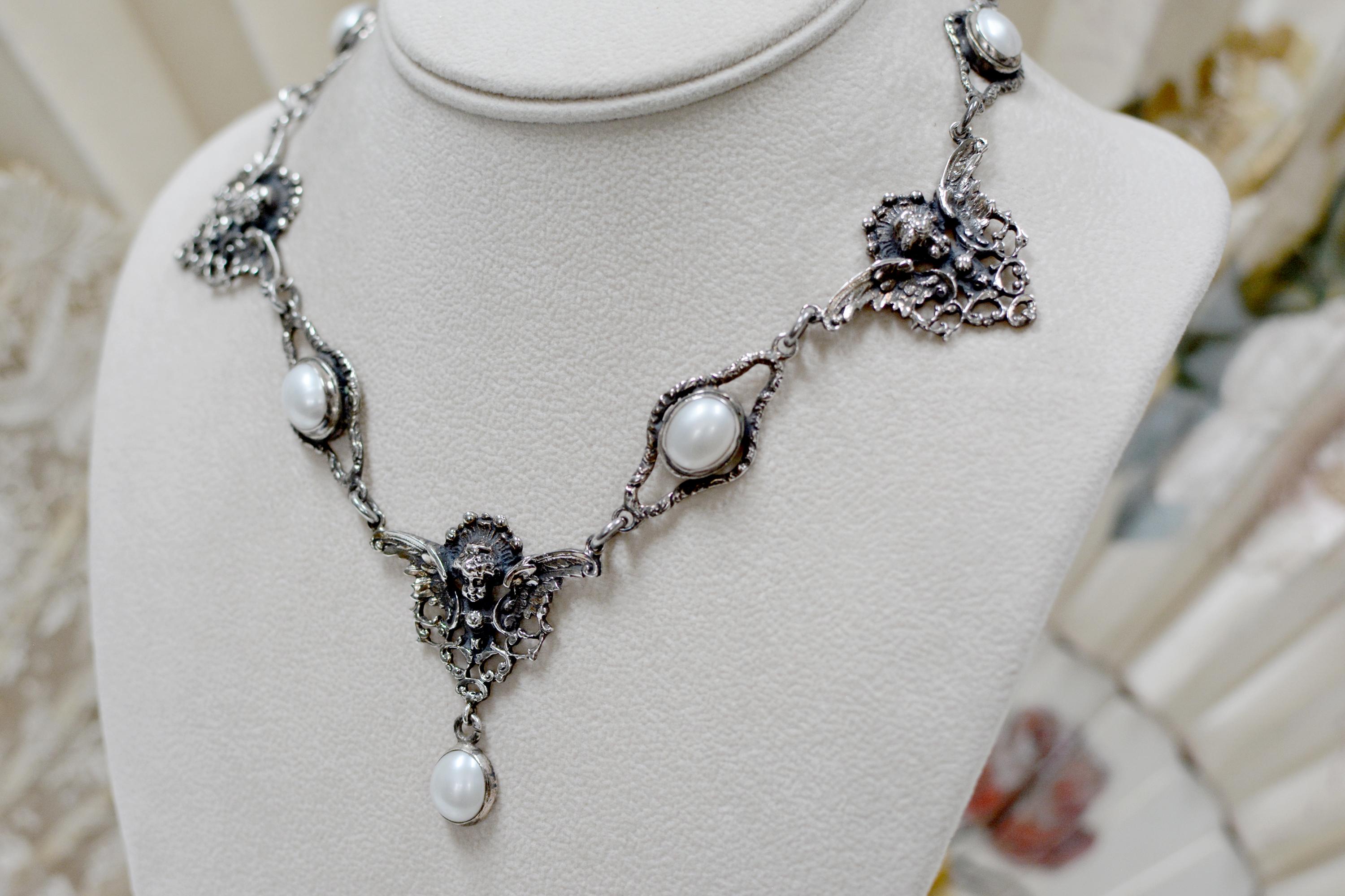 Jill Garber Collection Drop Necklace with Freshwater Pearls and Figural Angels 1