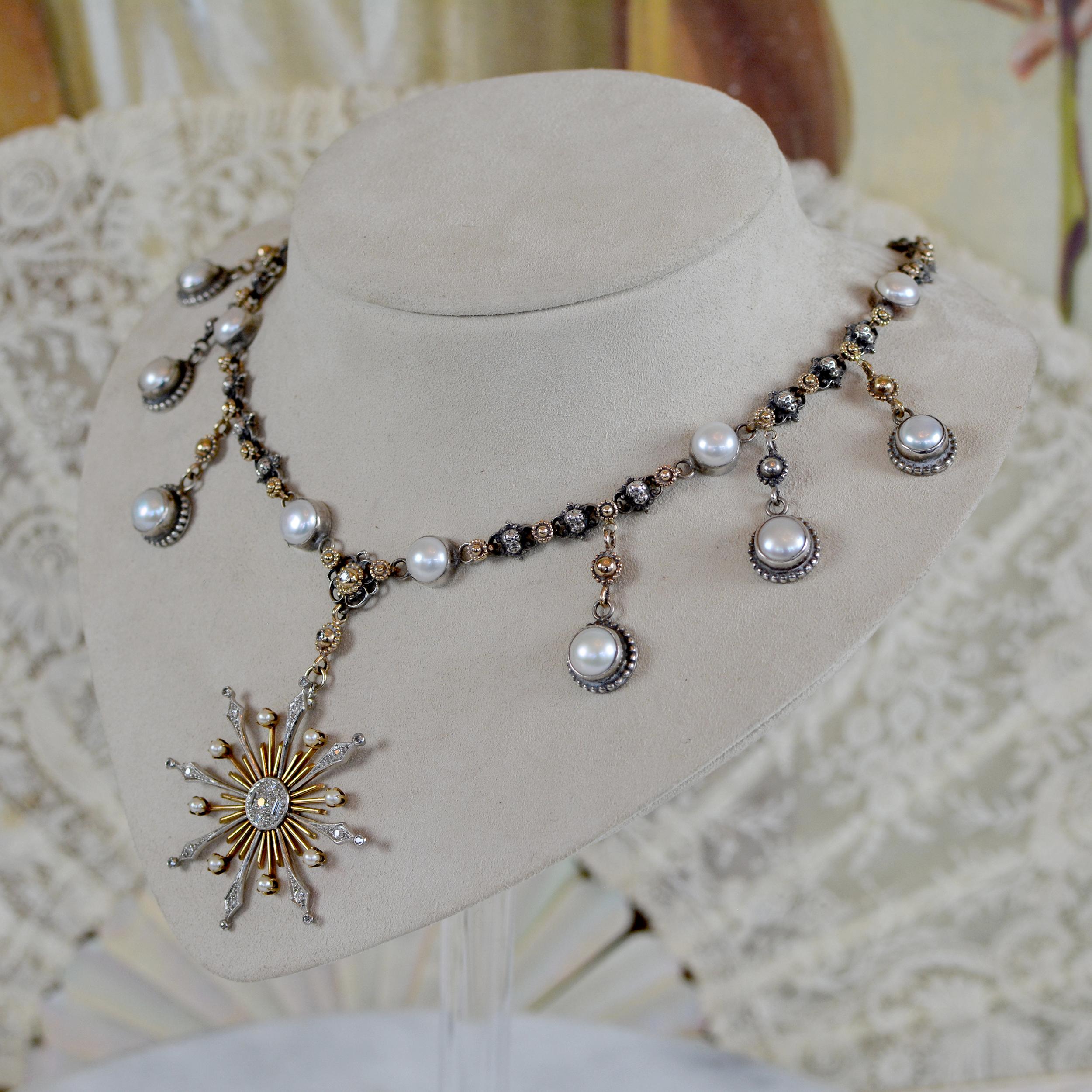 Jill Garber-Halskette mit Diamanten und Perlen mit Sternschliff - 14 kt. Gold und Silber im Angebot 4