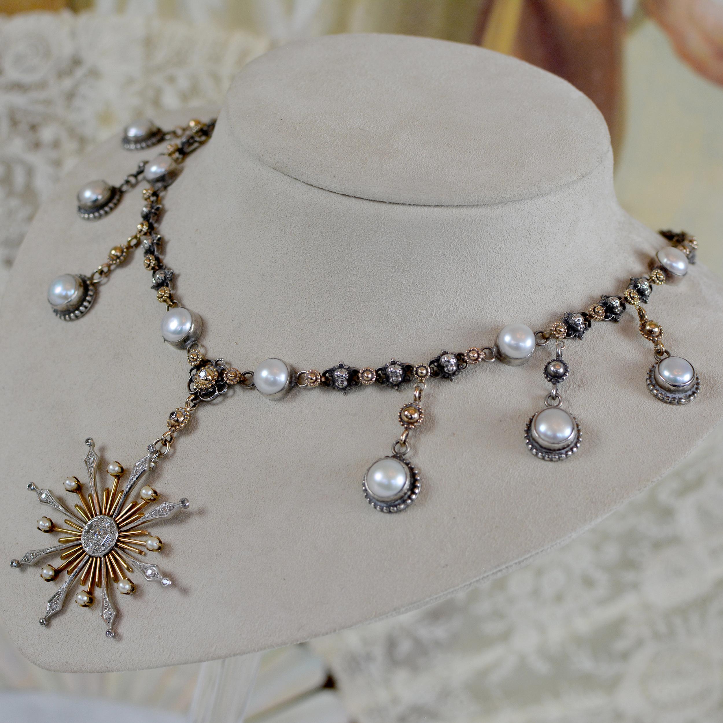 Jill Garber-Halskette mit Diamanten und Perlen mit Sternschliff - 14 kt. Gold und Silber im Angebot 5