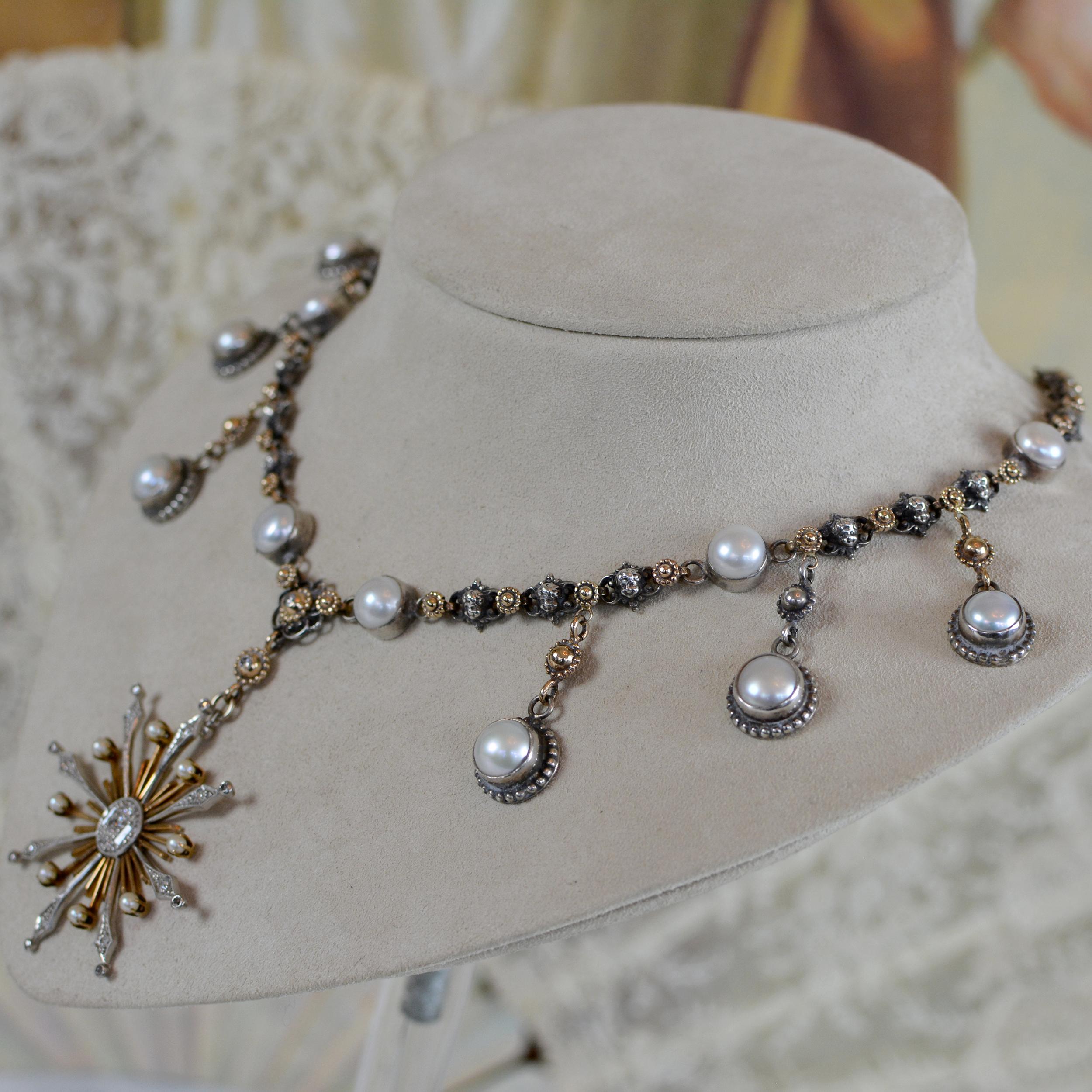 Jill Garber-Halskette mit Diamanten und Perlen mit Sternschliff - 14 kt. Gold und Silber im Angebot 6