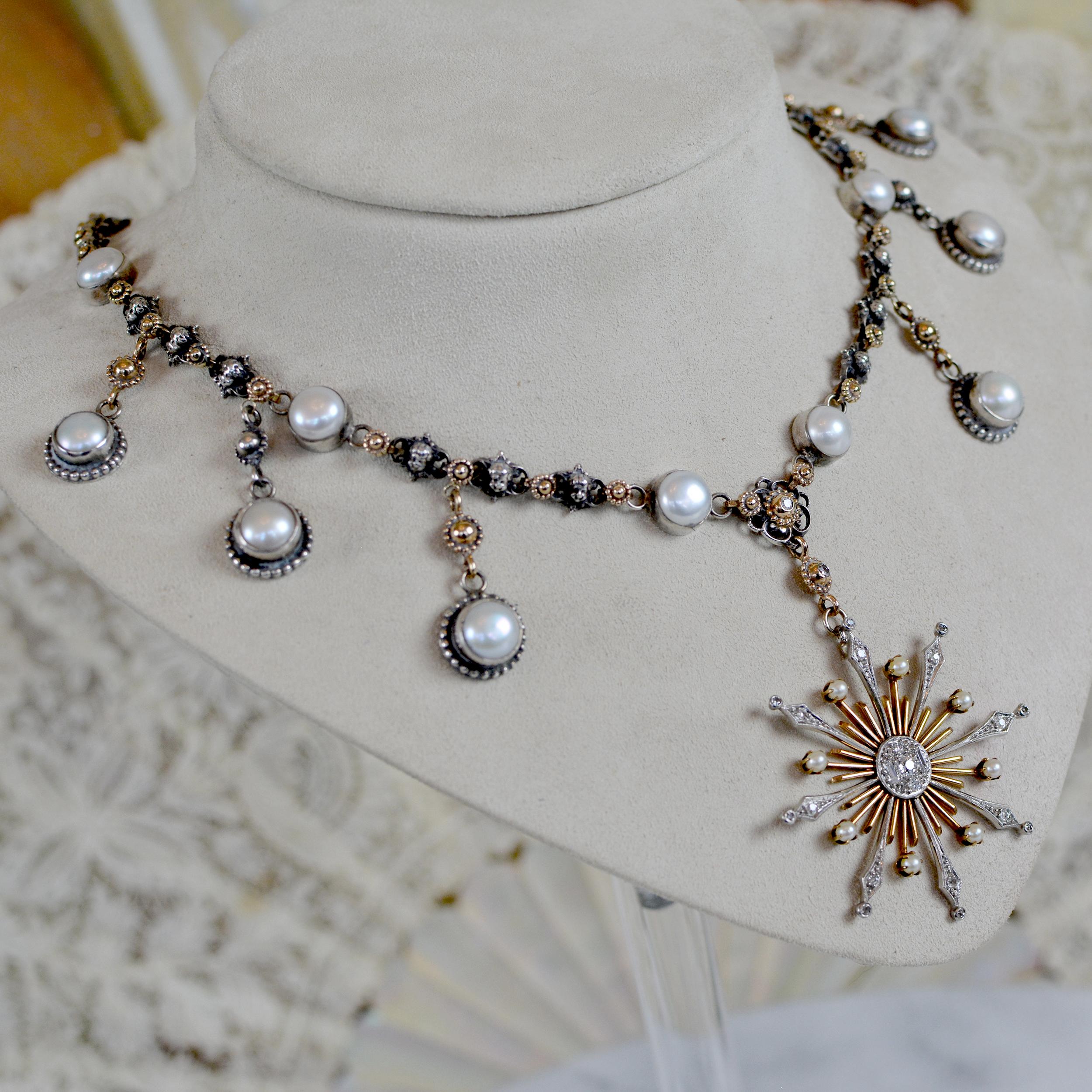 Jill Garber-Halskette mit Diamanten und Perlen mit Sternschliff - 14 kt. Gold und Silber im Angebot 7