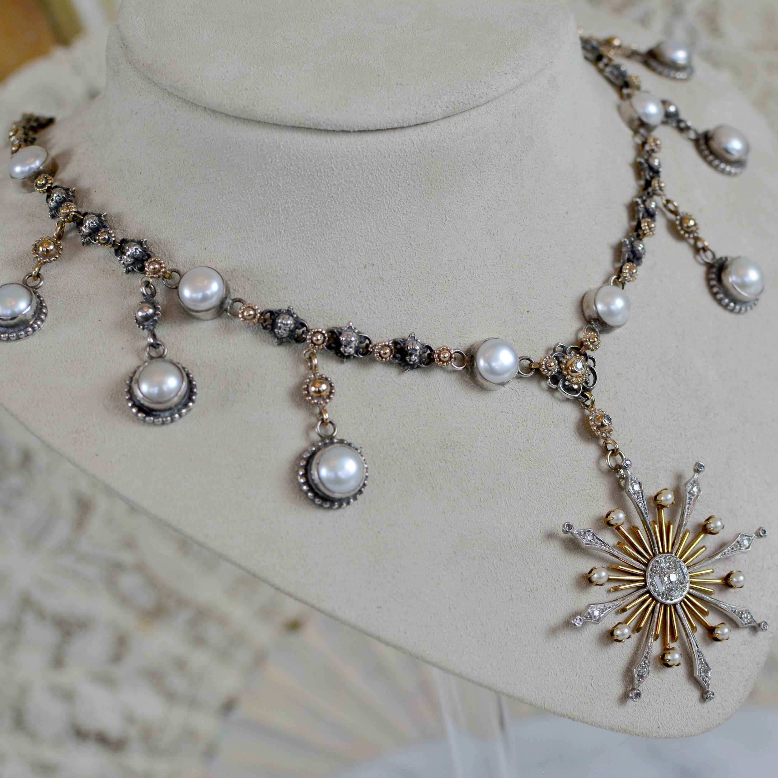 Jill Garber-Halskette mit Diamanten und Perlen mit Sternschliff - 14 kt. Gold und Silber im Angebot 8