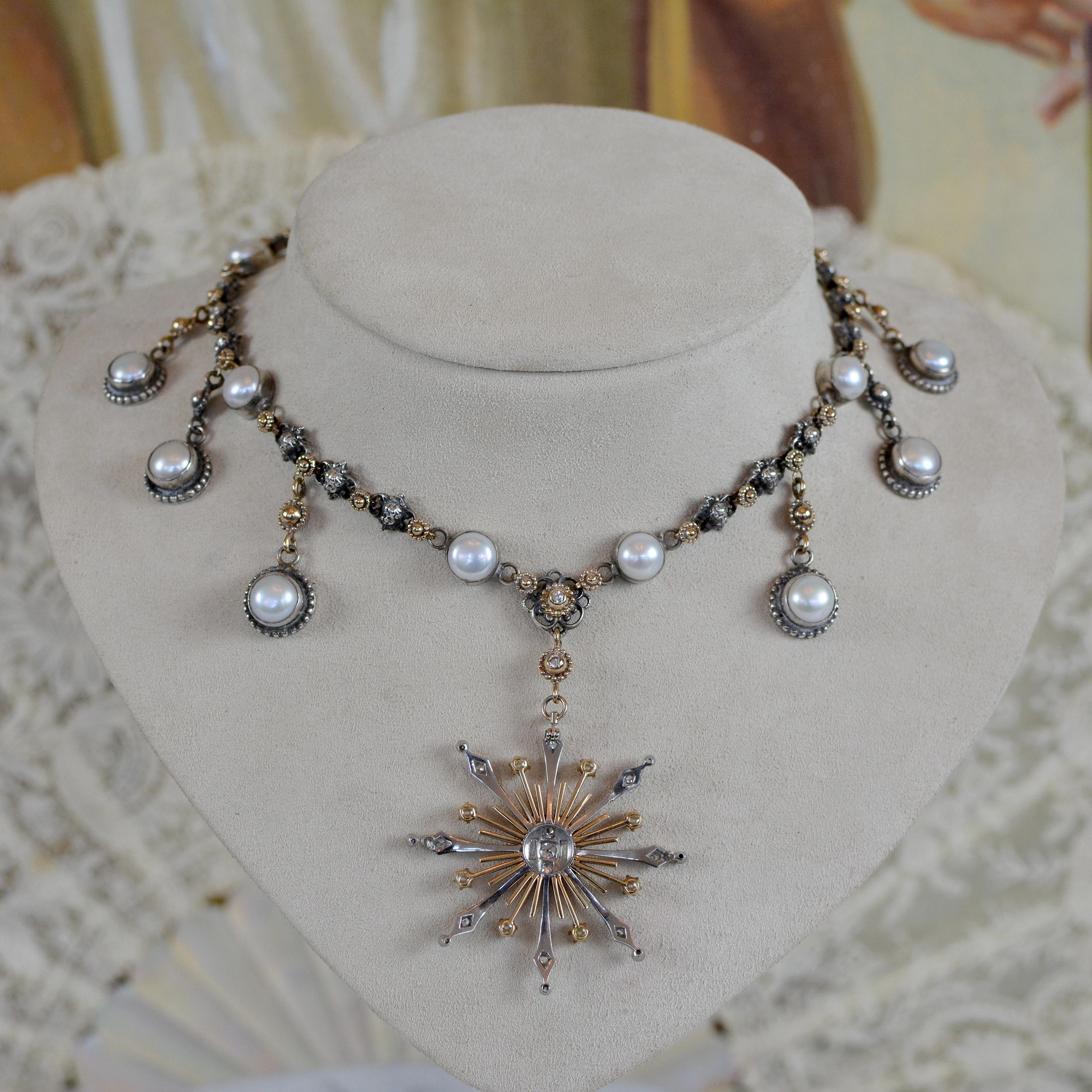 Jill Garber-Halskette mit Diamanten und Perlen mit Sternschliff - 14 kt. Gold und Silber im Angebot 9