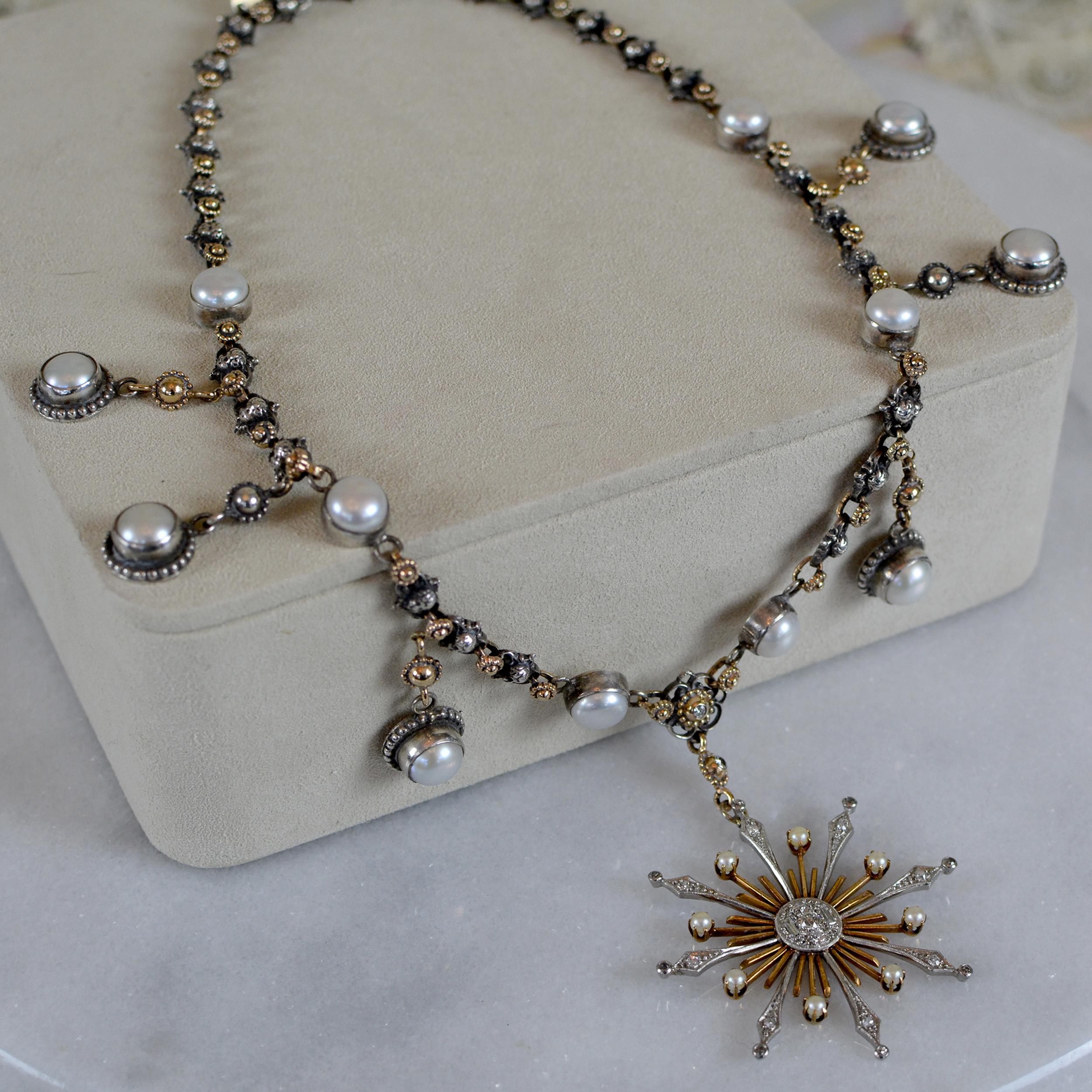 Jill Garber Diamond and Pearl Starburst Drop Necklace - 14 kt. Gold and Silver For Sale 9
