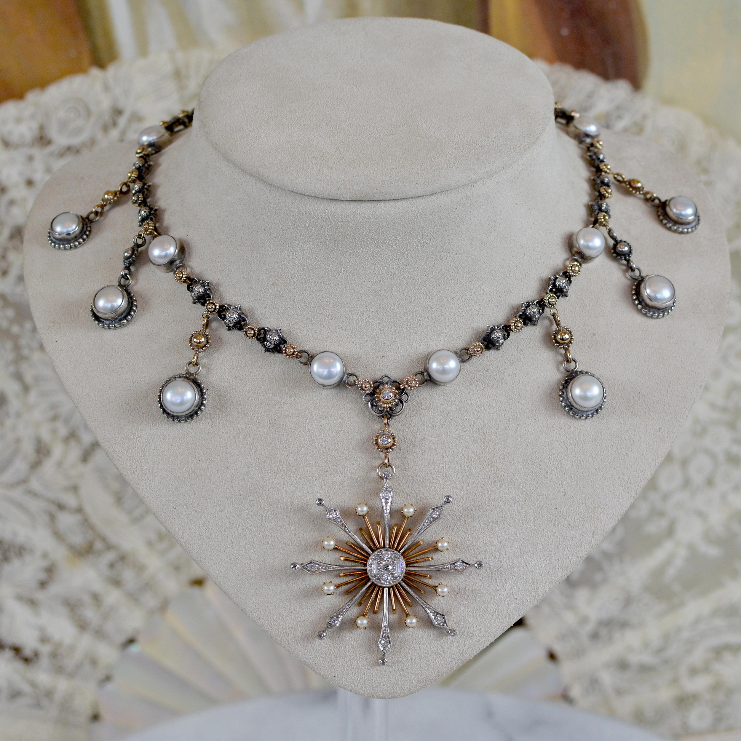 Jill Garber-Halskette mit Diamanten und Perlen mit Sternschliff - 14 kt. Gold und Silber (Barock) im Angebot