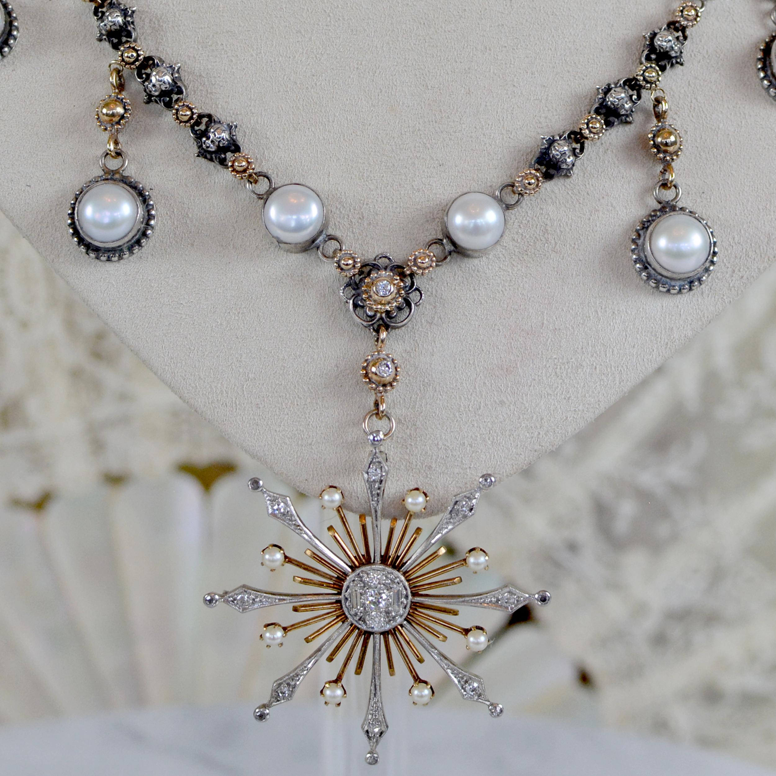 Baroque Jill Garber Diamond and Pearl Starburst Drop Necklace - 14 kt. Gold and Silver For Sale