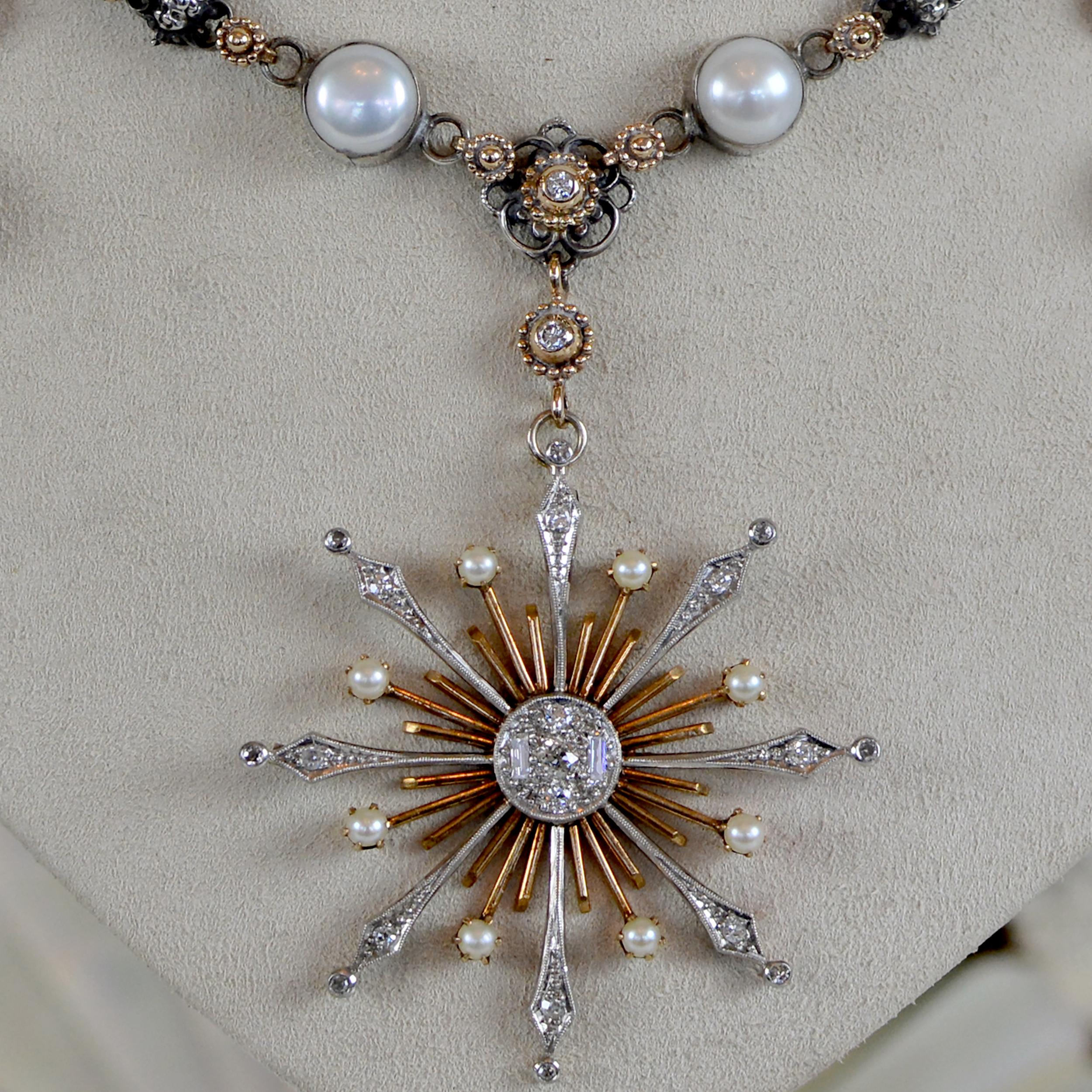 Old European Cut Jill Garber Diamond and Pearl Starburst Drop Necklace - 14 kt. Gold and Silver For Sale