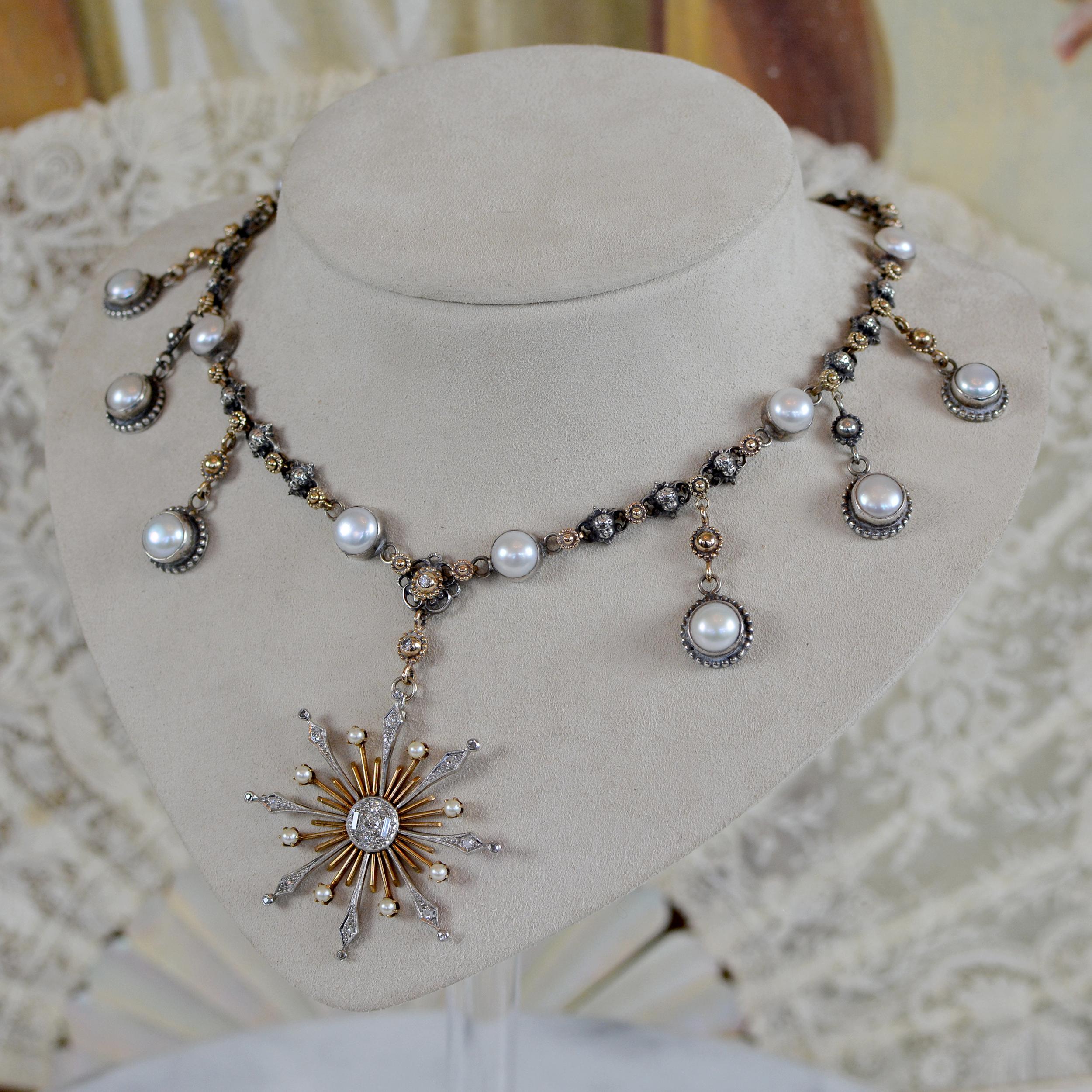 Jill Garber Diamond and Pearl Starburst Drop Necklace - 14 kt. Gold and Silver In New Condition For Sale In Saginaw, MI