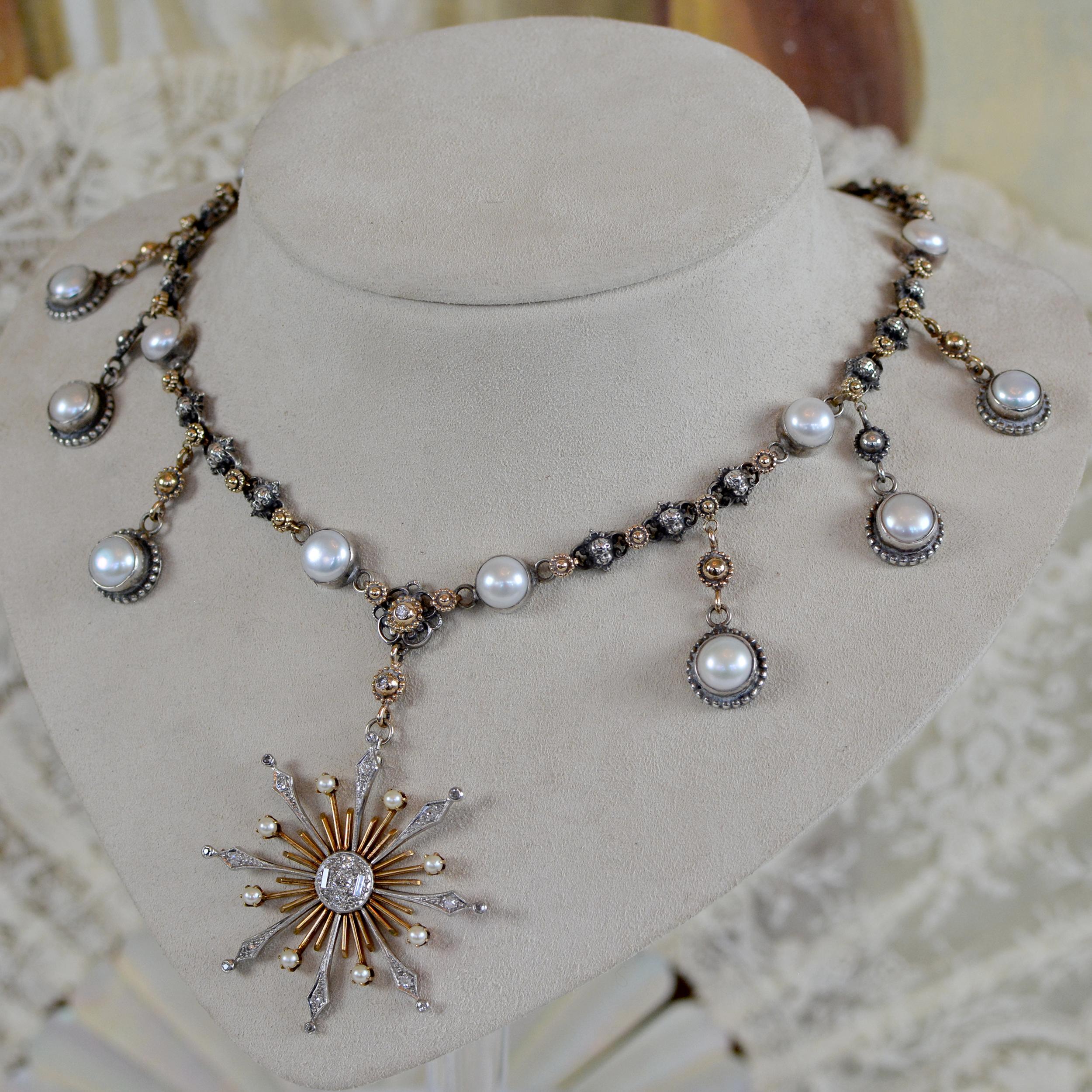 Women's or Men's Jill Garber Diamond and Pearl Starburst Drop Necklace - 14 kt. Gold and Silver For Sale