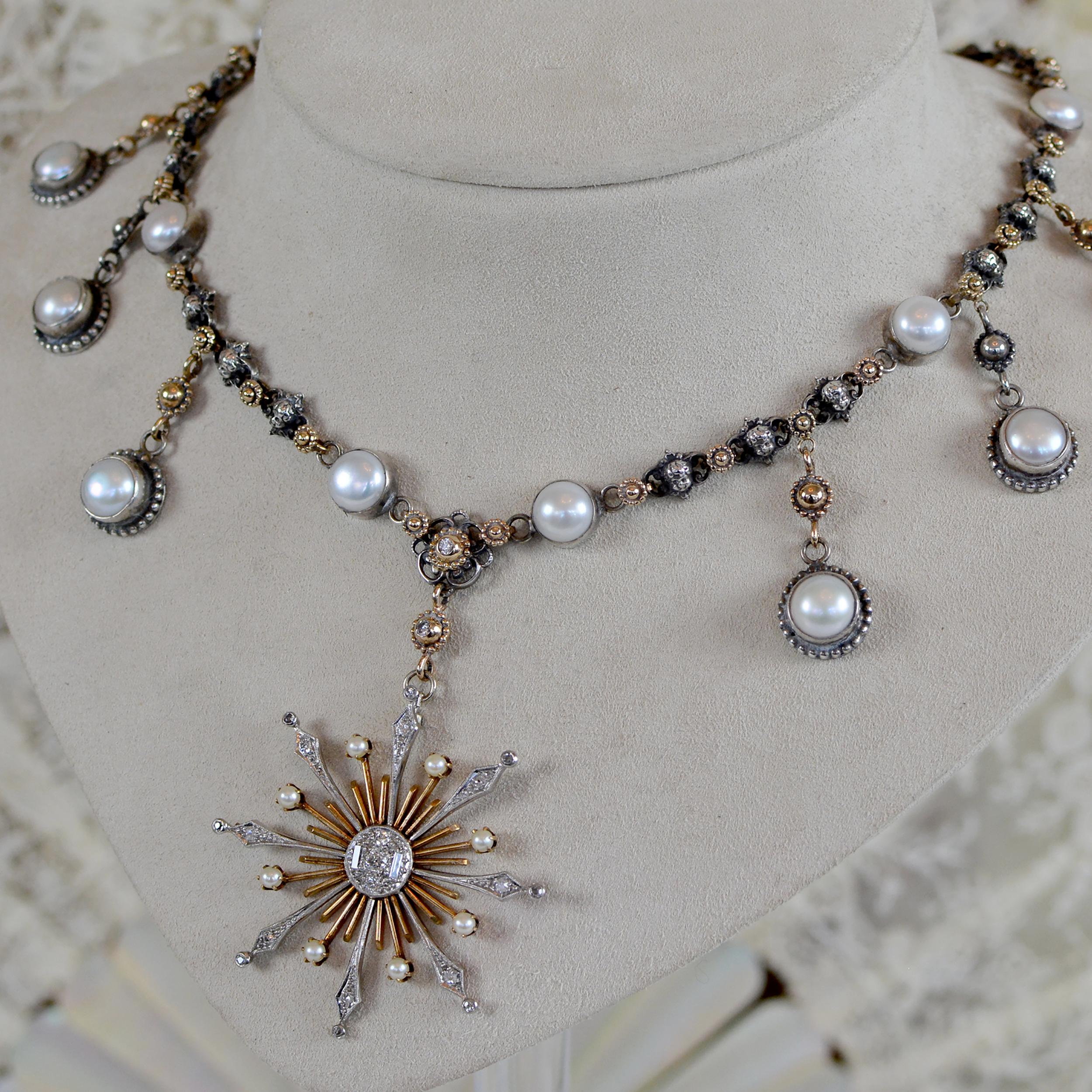 Jill Garber Diamond and Pearl Starburst Drop Necklace - 14 kt. Gold and Silver For Sale 1