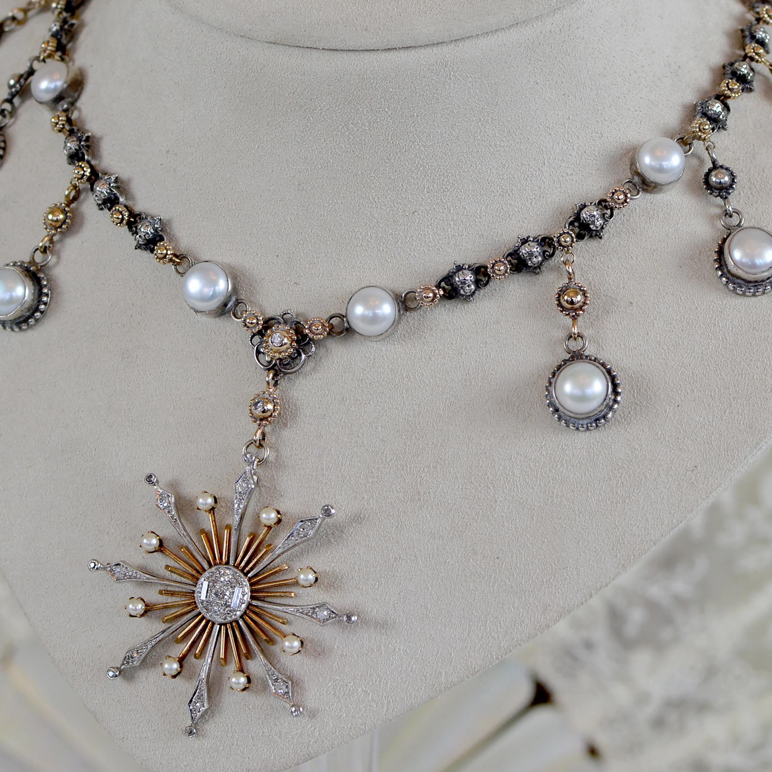 Jill Garber Diamond and Pearl Starburst Drop Necklace - 14 kt. Gold and Silver For Sale 2