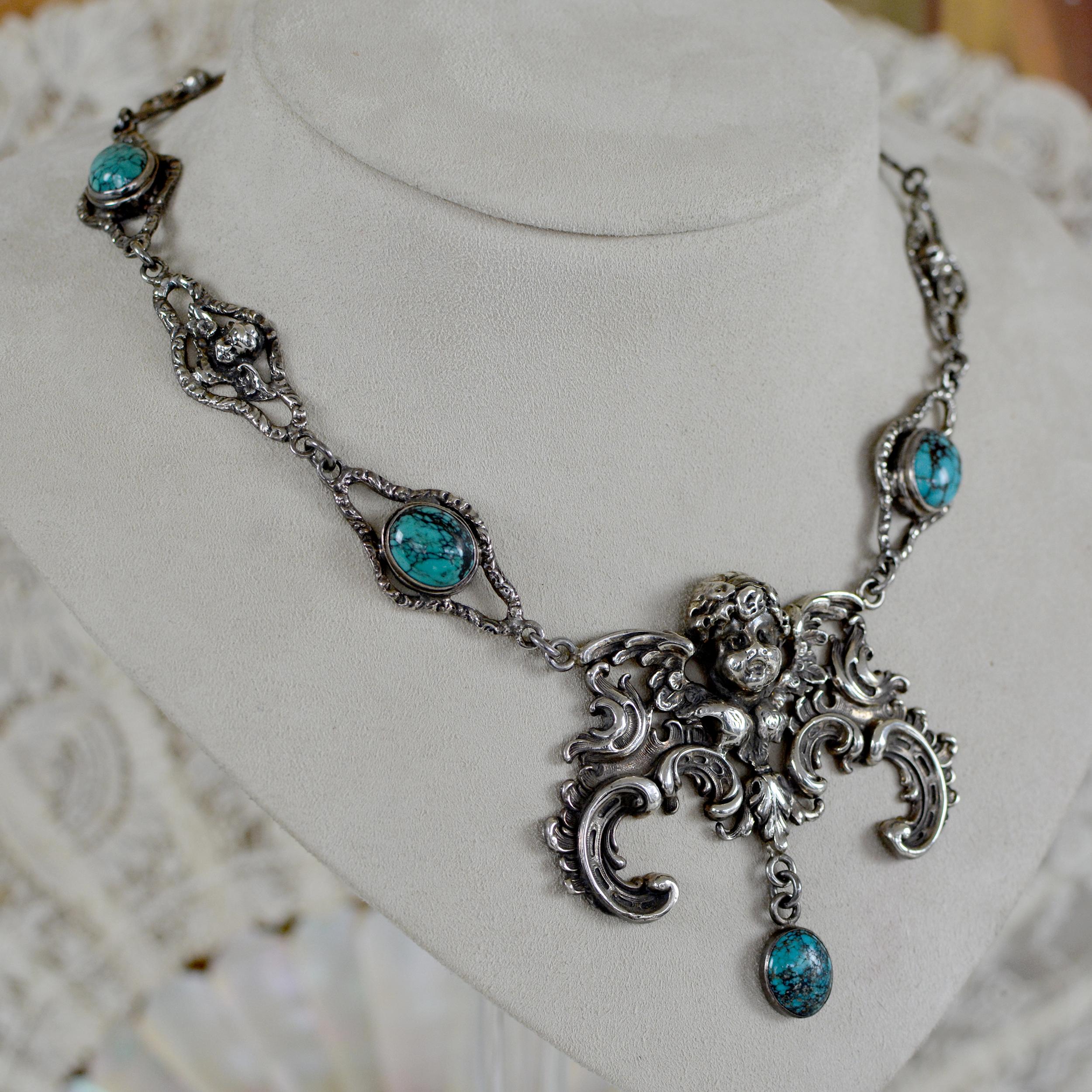 Oval Cut Jill Garber Divine Baroque Figural Angel Drop Necklace with Turquoise Cabochons For Sale