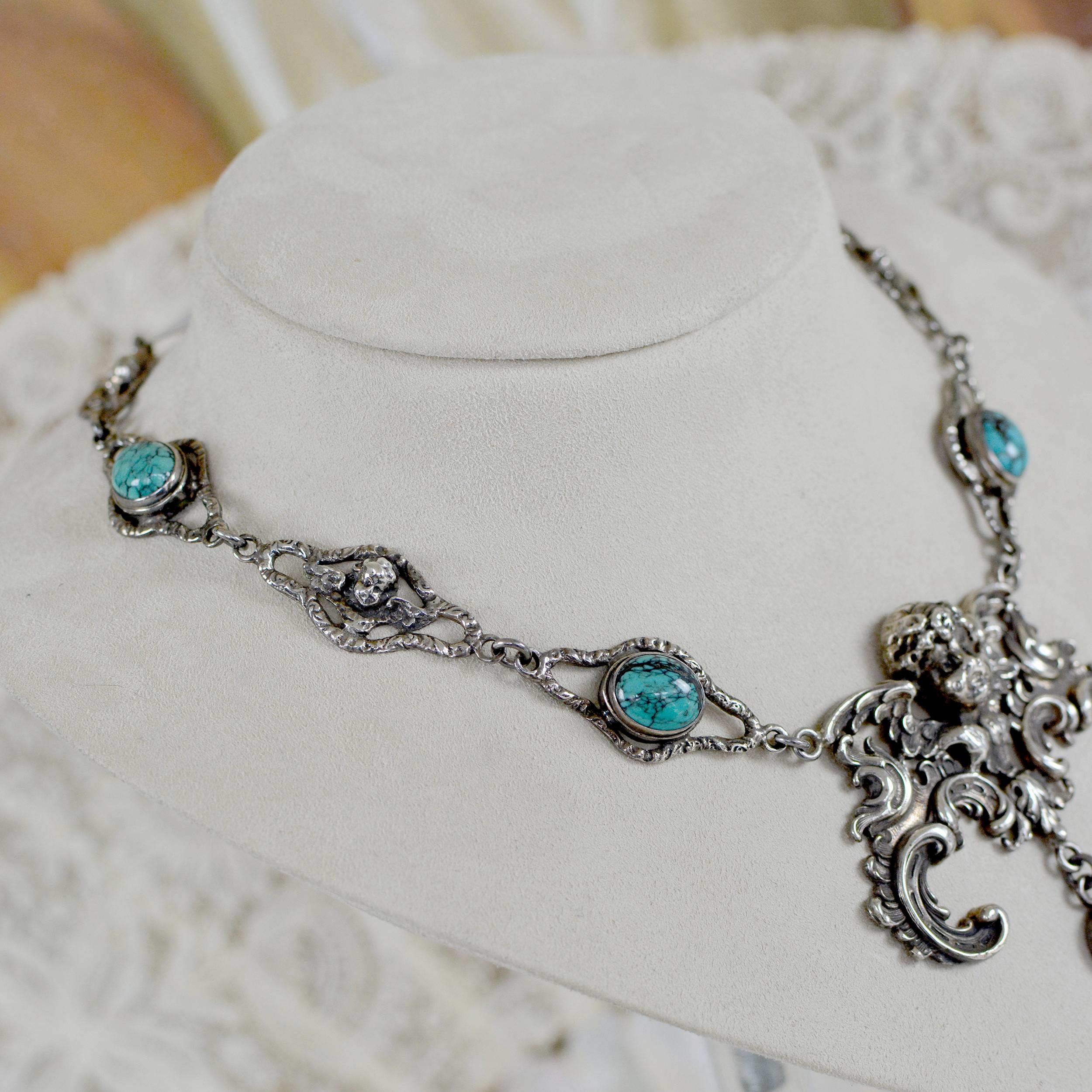 Jill Garber Divine Baroque Figural Angel Drop Necklace with Turquoise Cabochons In New Condition For Sale In Saginaw, MI