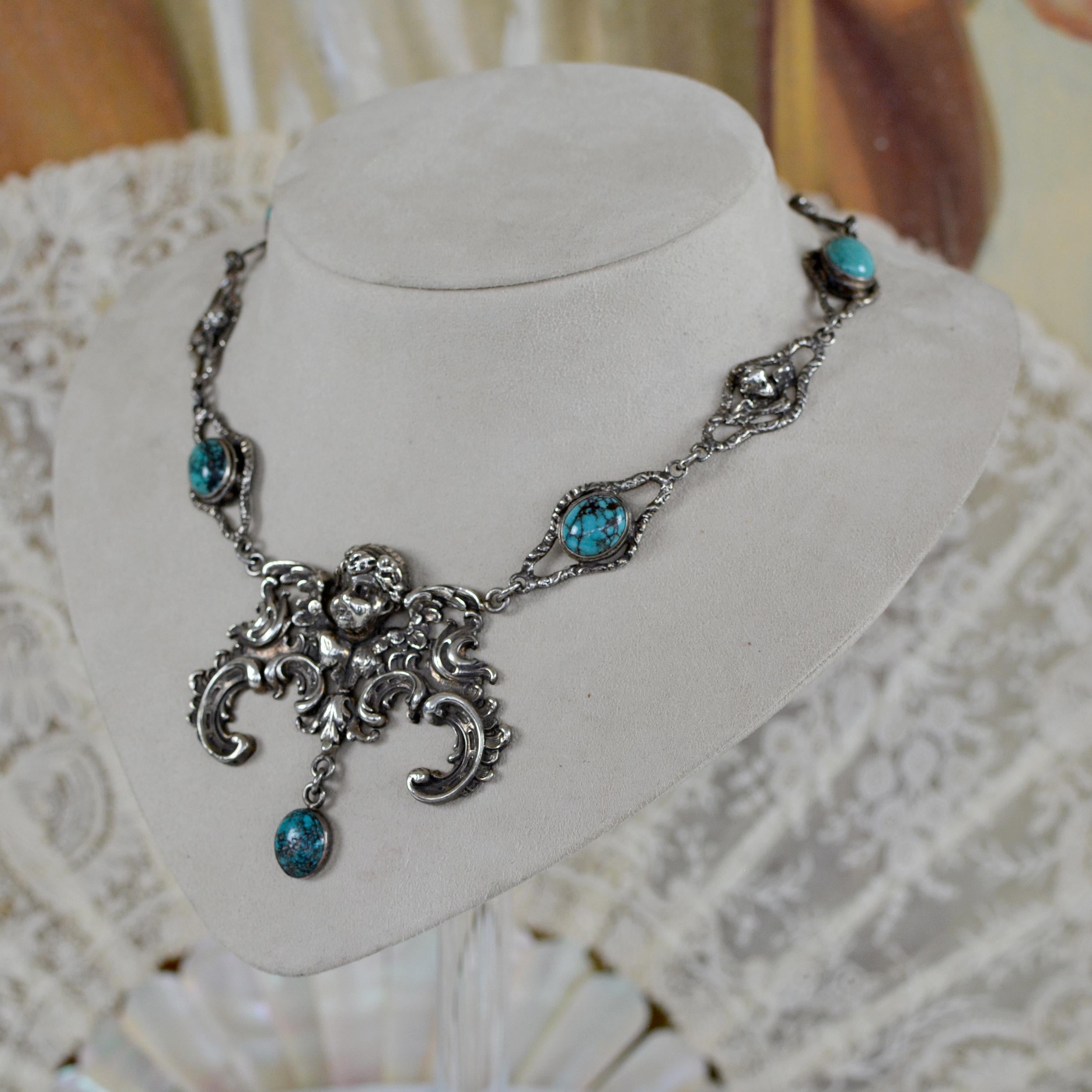 Jill Garber Göttliche Barockfigur Engeltropfen-Halskette mit türkisfarbenen Cabochons im Angebot 2