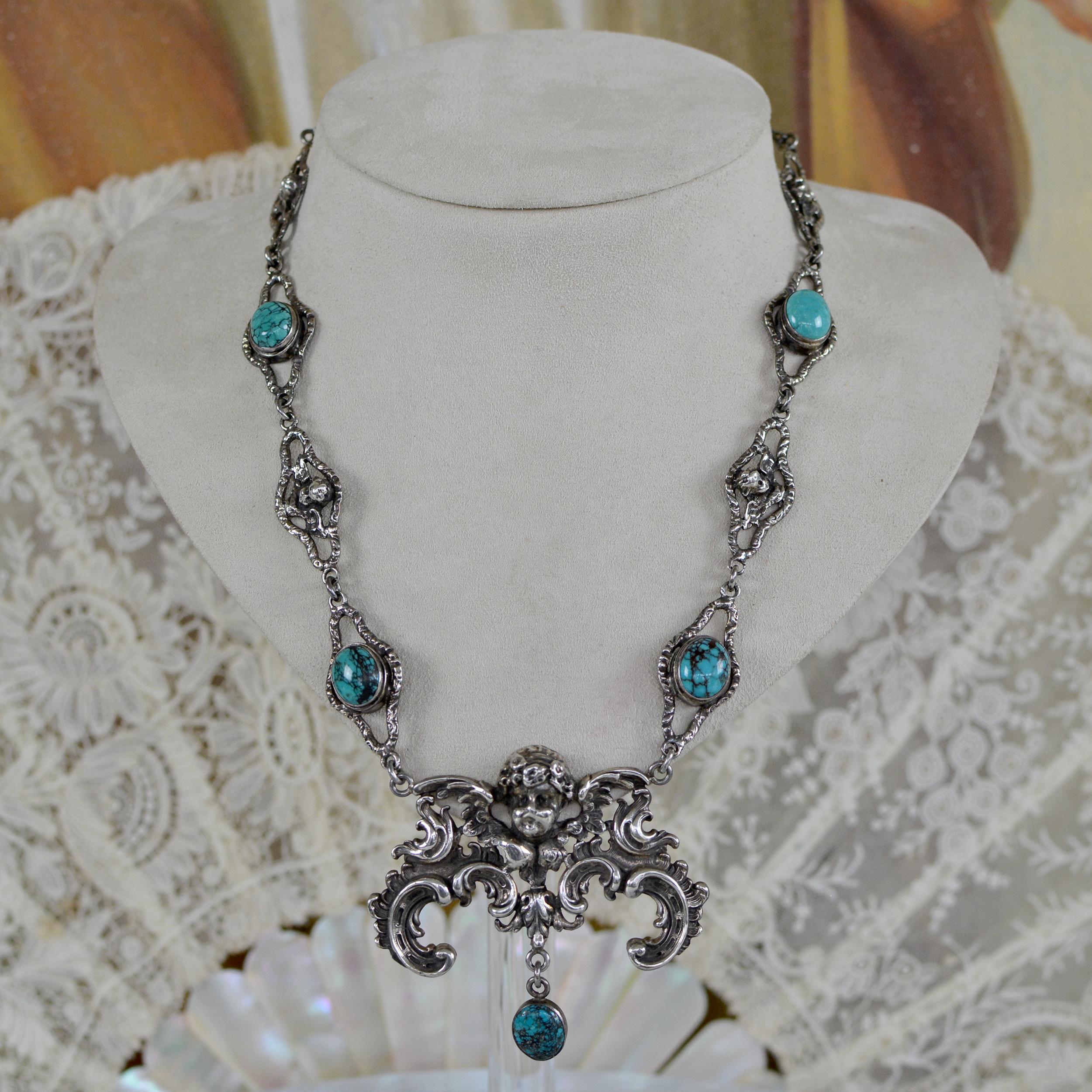Jill Garber Göttliche Barockfigur Engeltropfen-Halskette mit türkisfarbenen Cabochons im Angebot 3