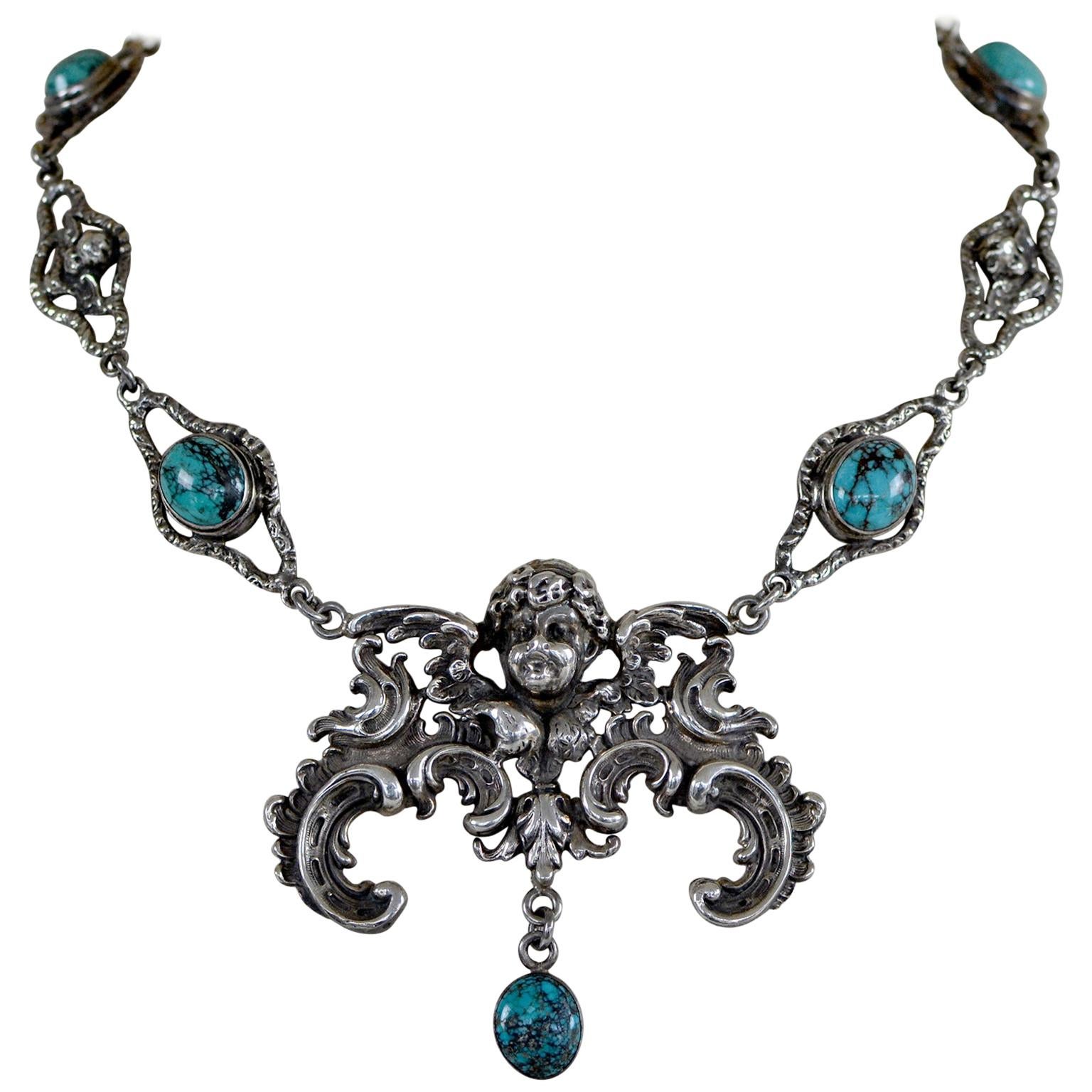 Jill Garber Divine Baroque Figural Angel Drop Necklace with Turquoise Cabochons For Sale