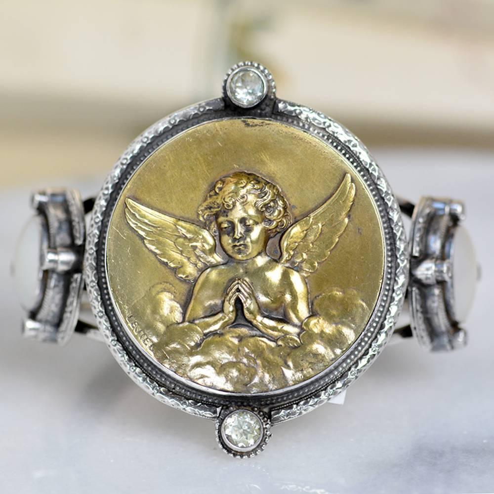 Women's or Men's Jill Garber French Art Nouveau Angel Medal Cuff Bracelet with Praisiolite For Sale