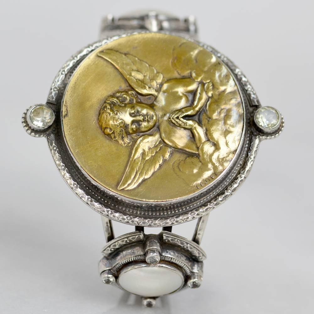 Jill Garber French Art Nouveau Angel Medal Cuff Bracelet with Praisiolite For Sale 1