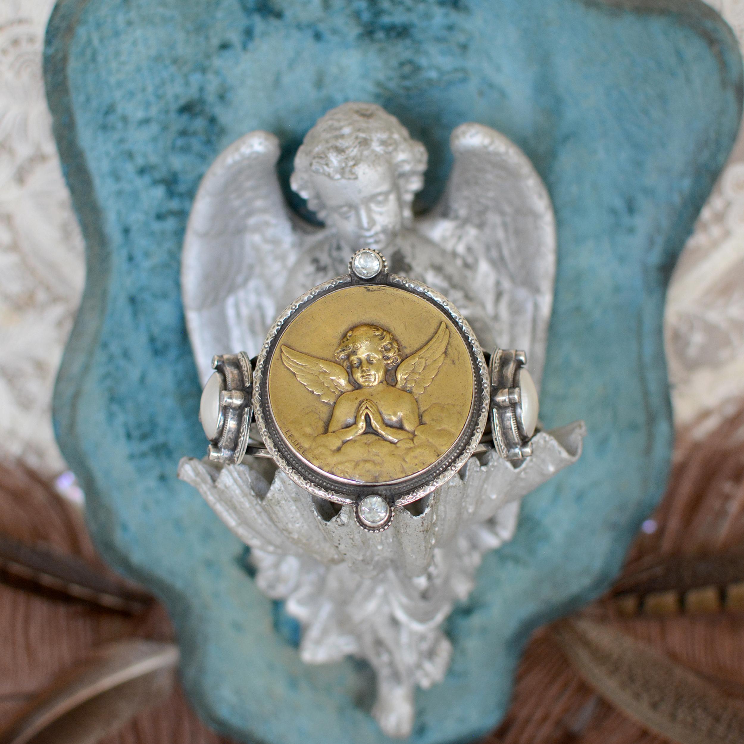 Jill Garber French Art Nouveau Angel Medal Cuff Bracelet with Praisiolite For Sale 3