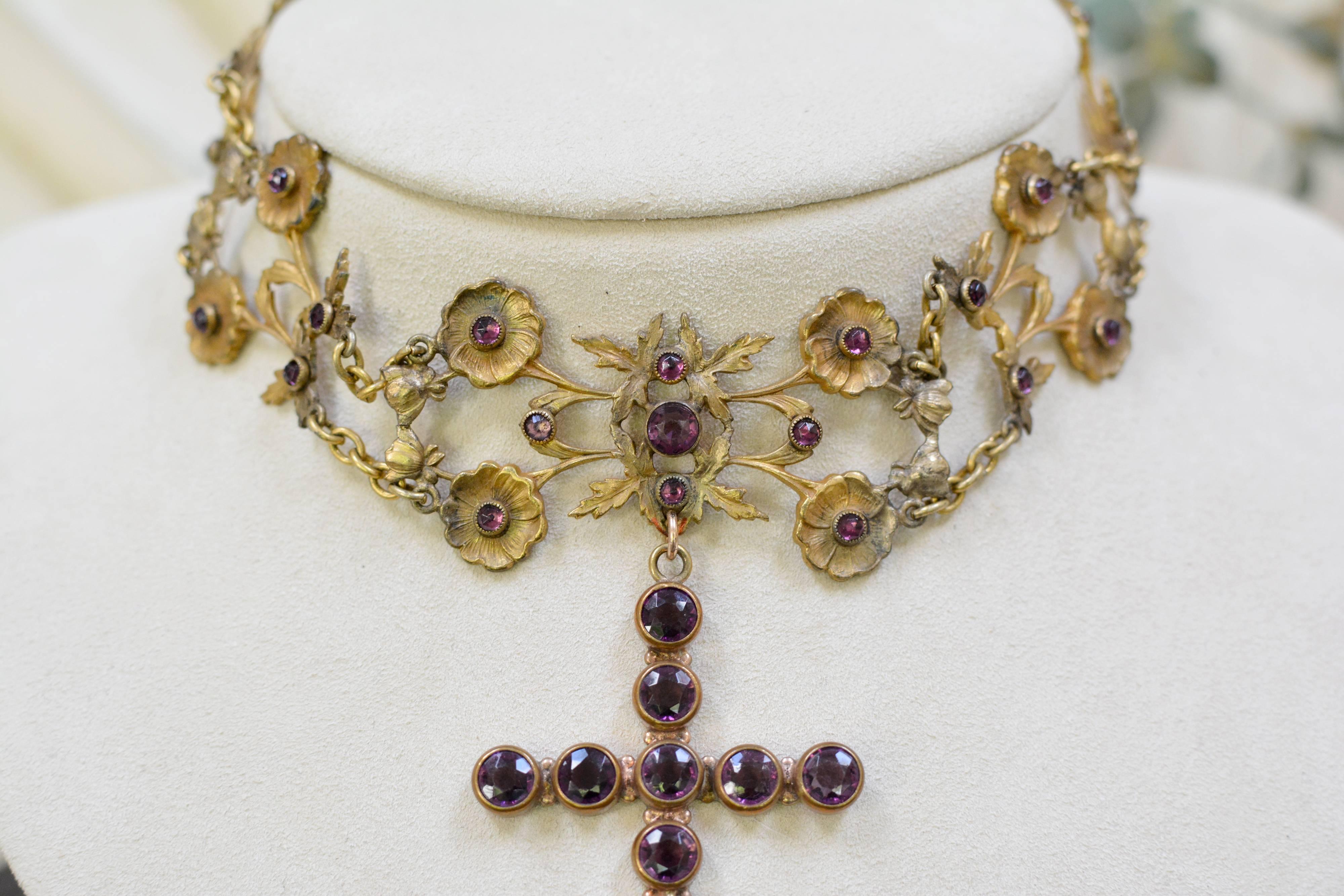 Round Cut Jill Garber French Art Nouveau Gold Vermeil Figural Choker with Amethyst Cross