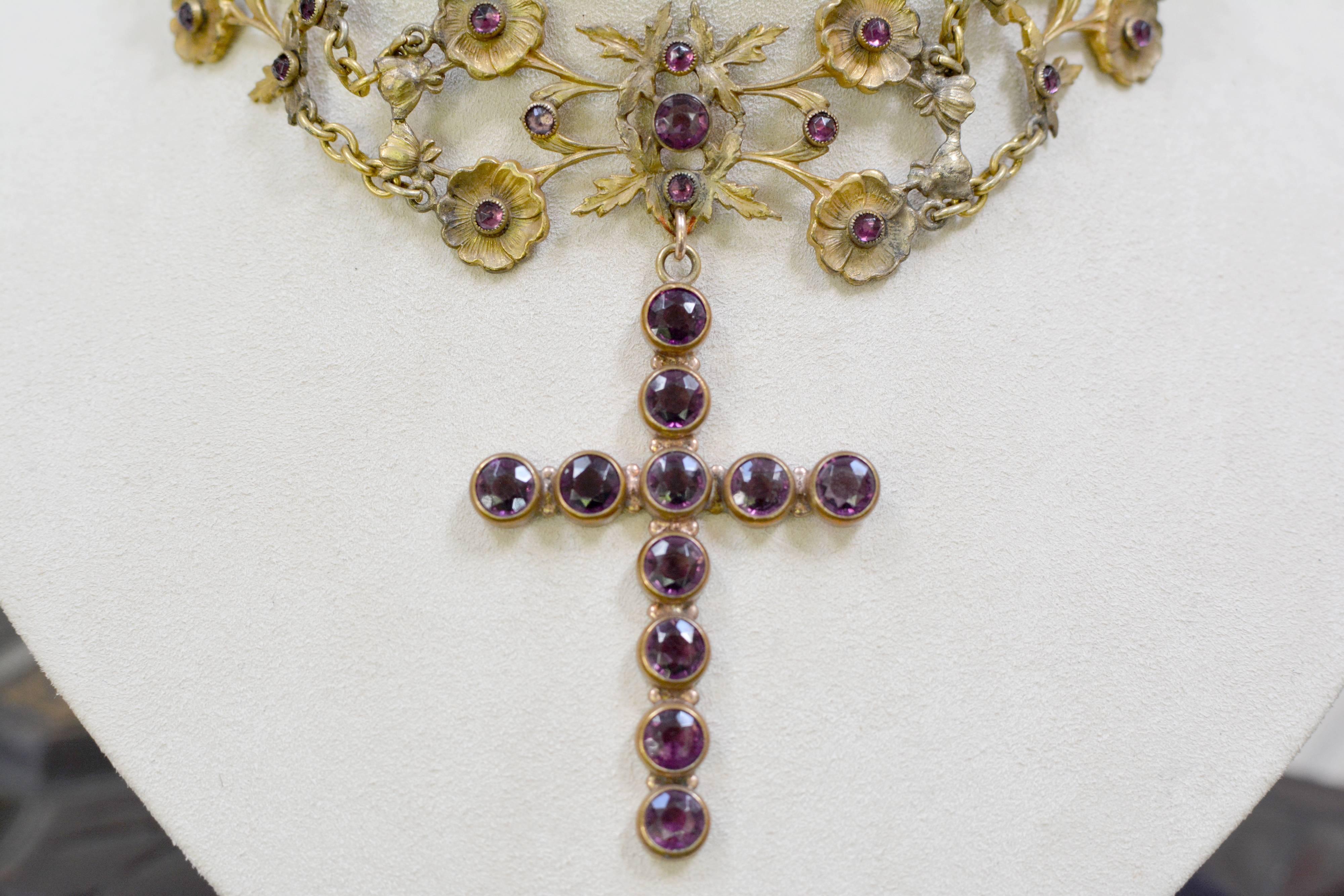 Jill Garber French Art Nouveau Gold Vermeil Figural Choker with Amethyst Cross In Excellent Condition In Saginaw, MI