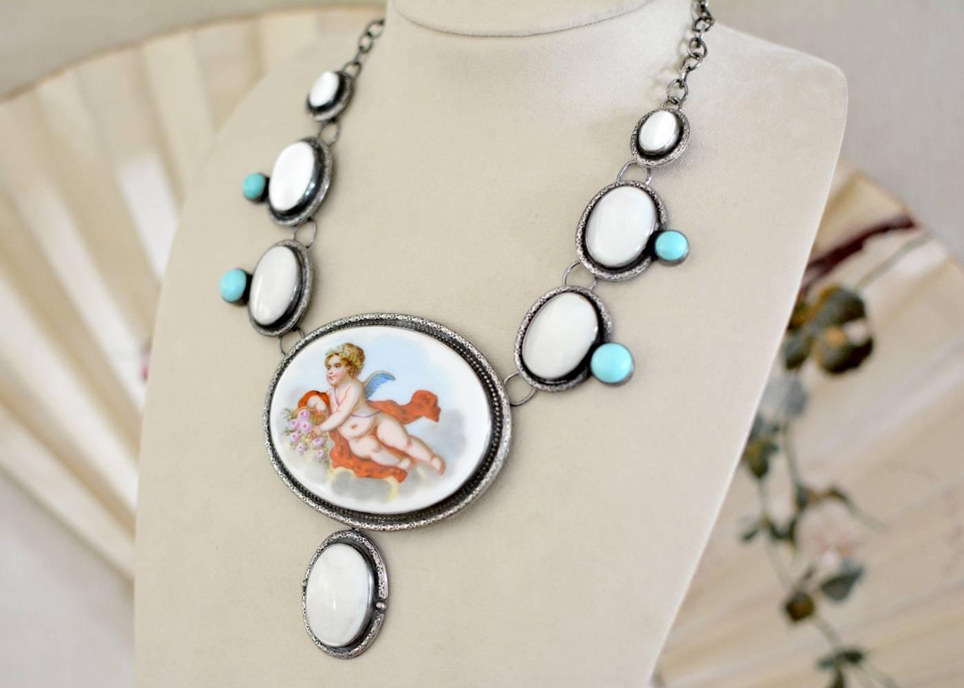 Victorian Jill Garber French Porcelain Cherub with Mother-of-Pearl and Turquoise Necklace For Sale