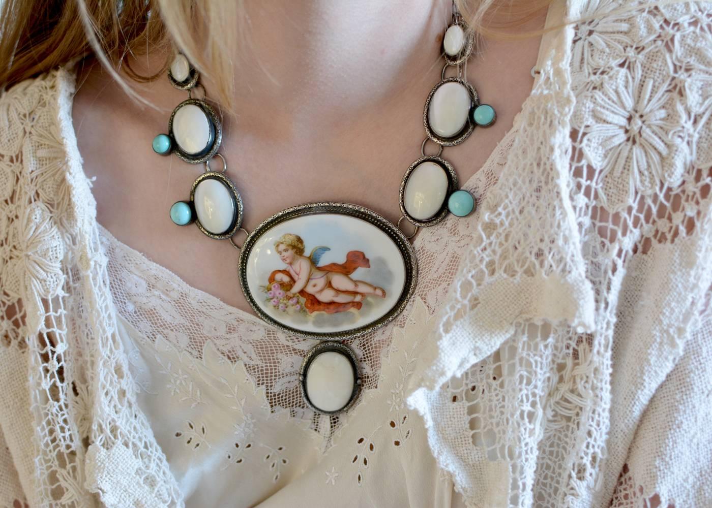 Jill Garber French Porcelain Cherub with Mother-of-Pearl and Turquoise Necklace For Sale 1
